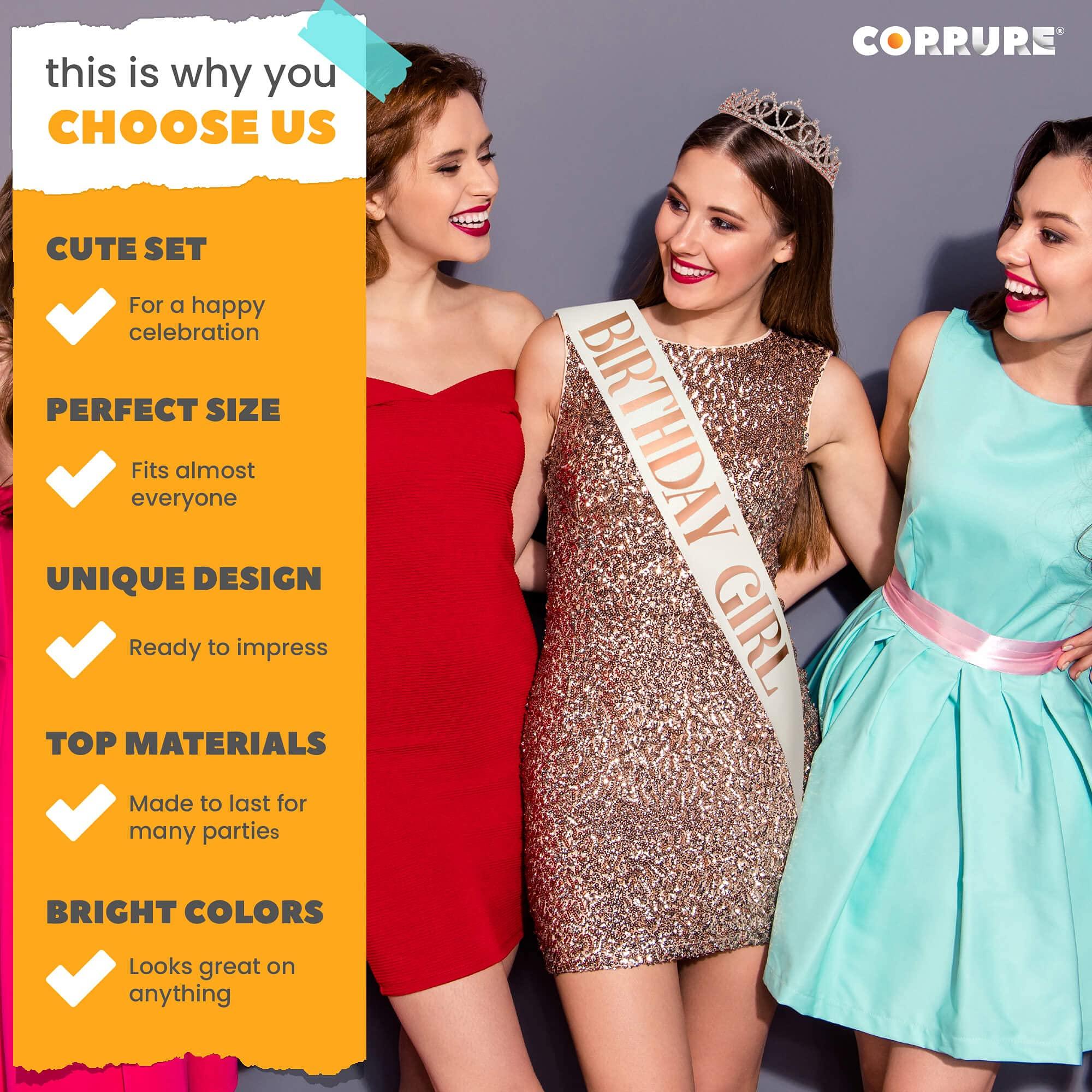 CORRURE CORRURE 'Birthday Girl' Sash, Rhinestone Tiara, and Cake Topper Set - Happy Birthday White Glitter Sash and Crown for Women's Sweet 16, 18th 21st 25th 30th 40th 50th or Any Other Bday Party