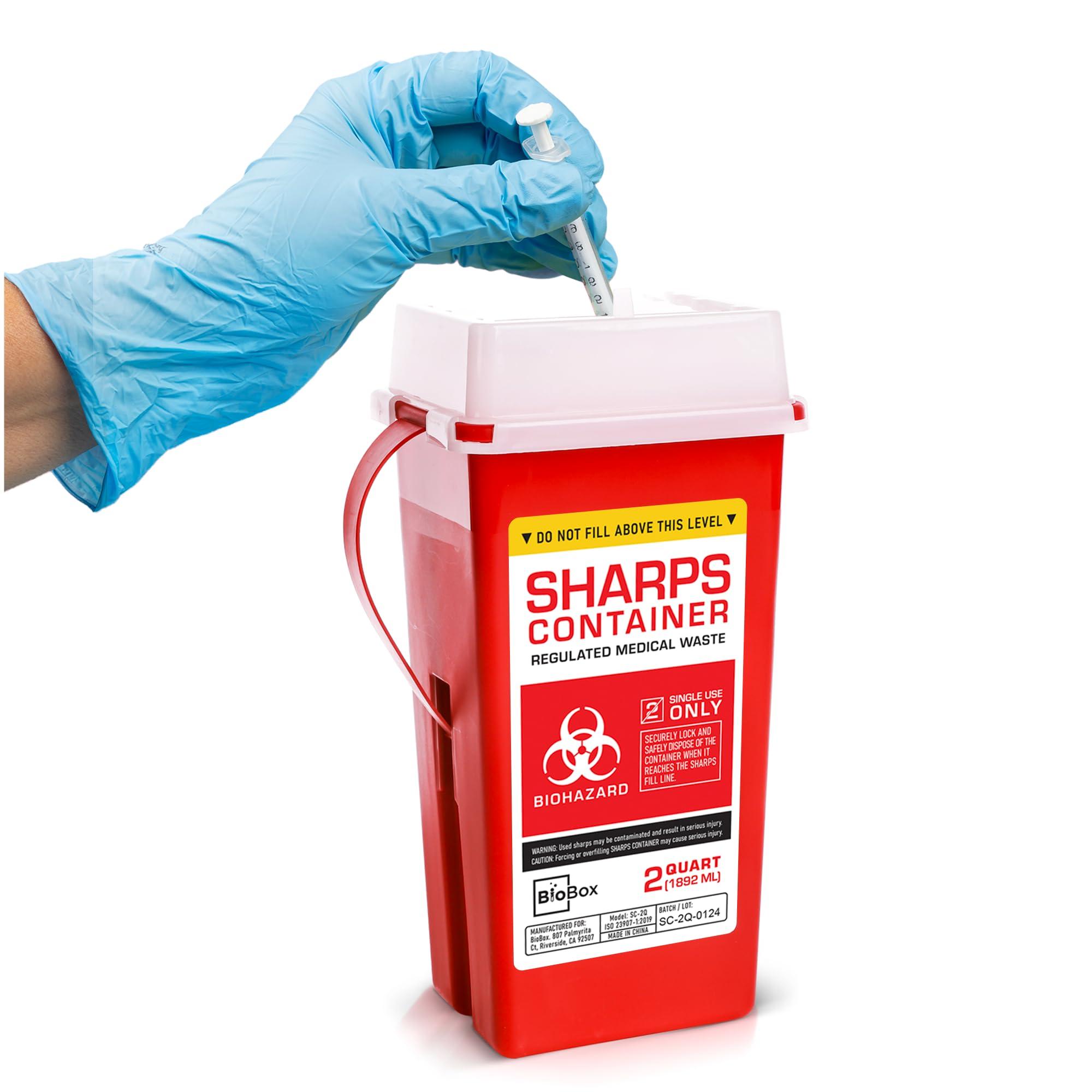 BioBox Sharps Container Small - Sharps Containers for Home Use and Labs - Portable Needle Disposal and Travel Size Biohazard Bin - 2 Quart (Pack of 1)