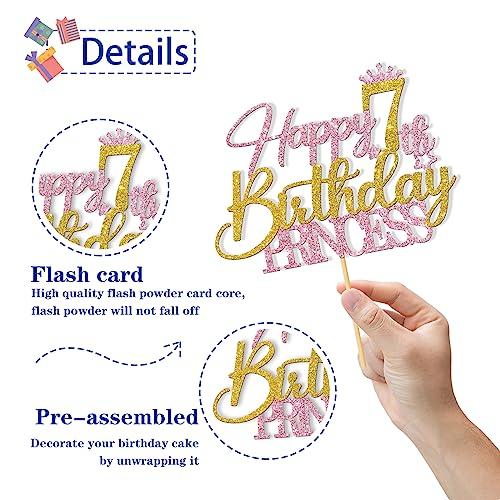 RoadSea RoadSea Princess 7th Birthday Cake Topper - Happy 7th Birthday Cake Supplies for Girl - Girl Seven Years Old Birthday Party Decorations - Pink & Gold Glitter (7th)