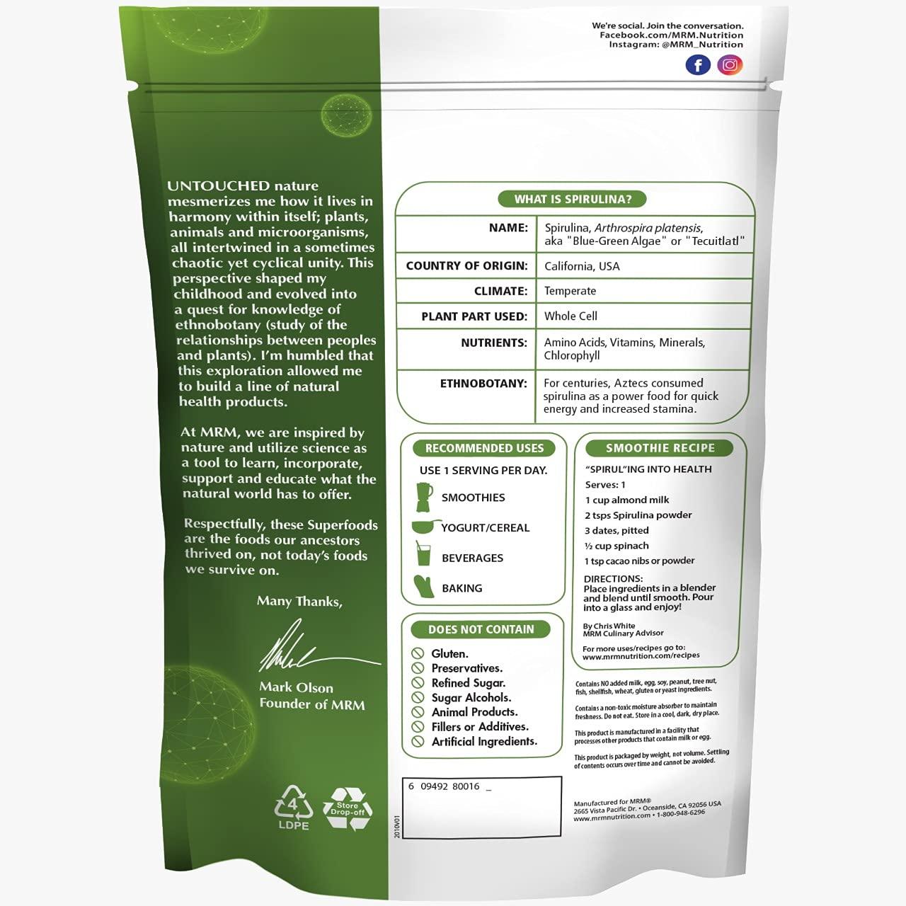 MRM MRM Nutrition Spirulina Powder | Superfood | Complete Plant Protein | Gluten-Free + Vegan | 40 Servings | 8.5 Ounce