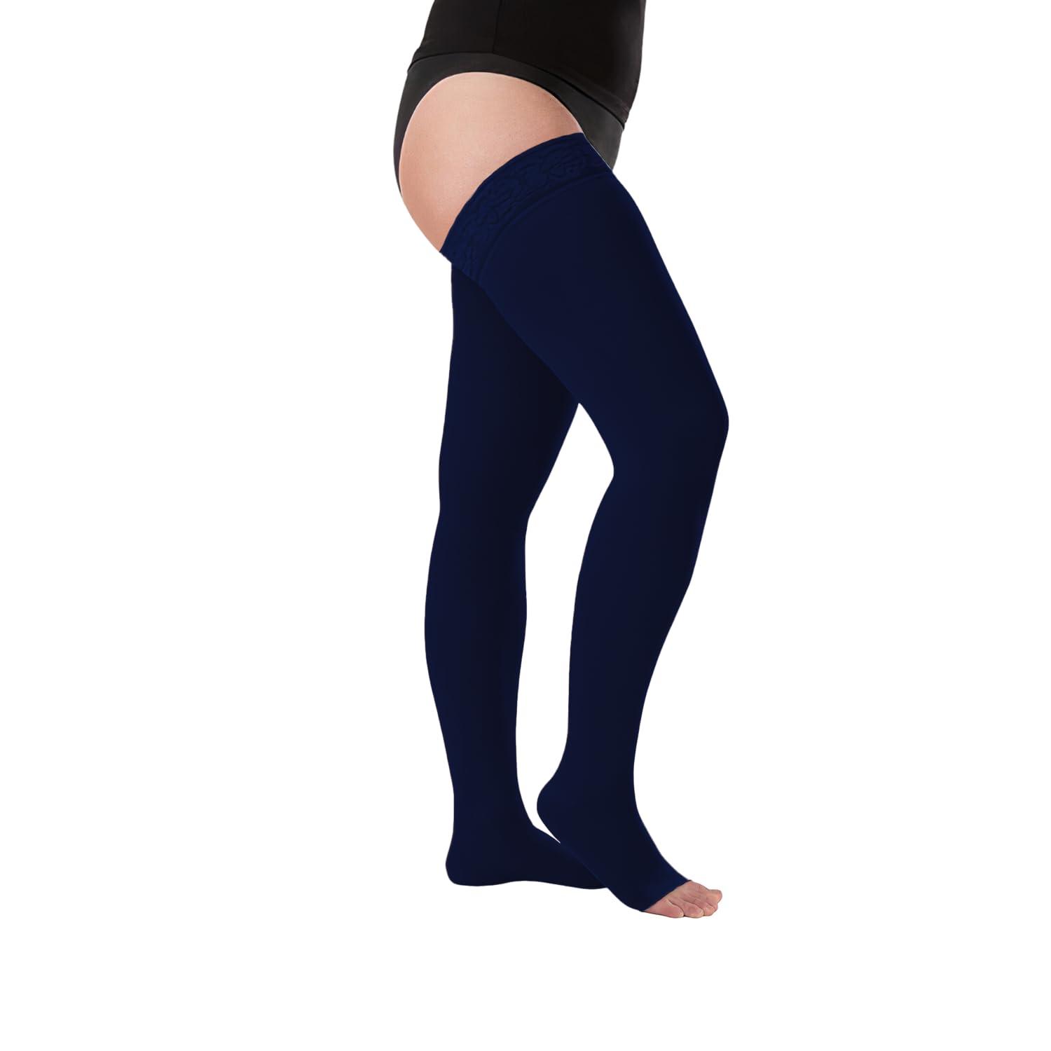 Juzo Juzo Soft 15-20 mmHg Compression Stockings, Thigh High, Silicone Band, Open Toe | Compression Socks for Tired, Aching or Swollen Legs, Minor Varicosities | Navy, X-Small (I)