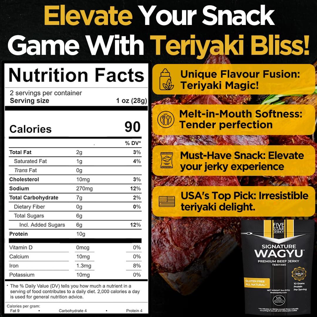 Five Star Jerky Five Star Wagyu Teriyaki Beef Jerky, Soft & Mouth Melting Tender Jerky, Award-Winning Premium Beef Jerky, Premium Gift Snack, Nitrate/Nitrite-Free, Gluten-Free, 2 Servings Each Pack, Wagyu Beef Snacks (2 Pack of 2 Oz - Total 4oz)