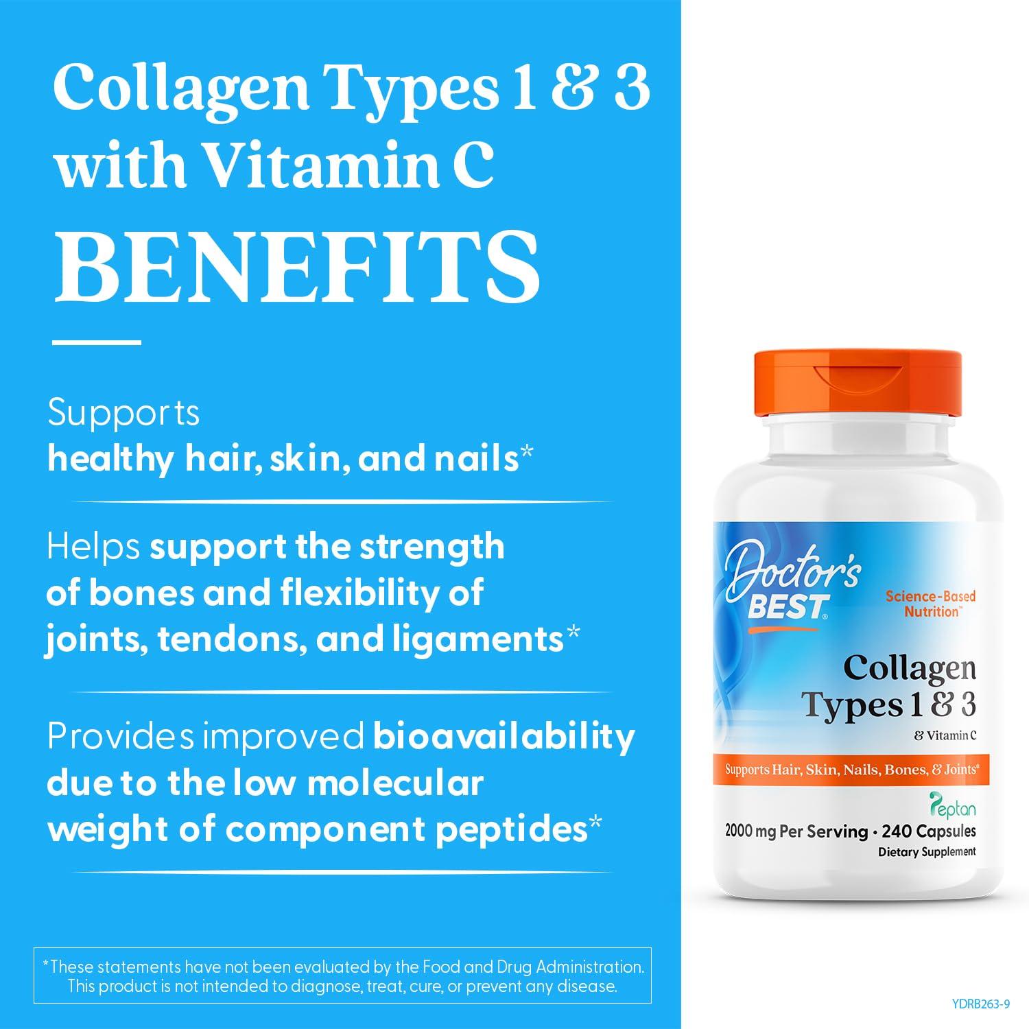 Doctor's BEST Doctor's Best Collagen Types 1 & 3 with Vitamin C, Non-GMO, Gluten Free, Soy Free, Supports Hair, Skin, Nails, Tendons & Bones, 500 mg, 240 Caps (DRB-00263)