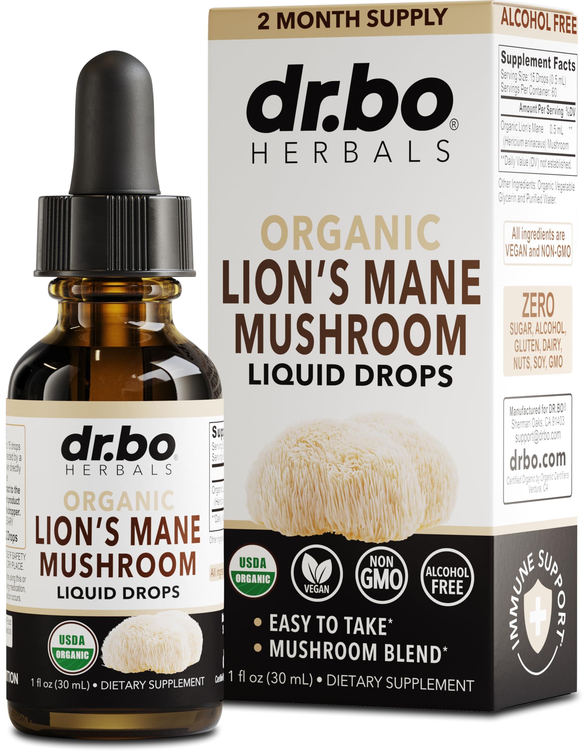 DR. BO Lions Mane Mushroom Supplement Drops - Organic Lion\'s Mane Mushroom Liquid Tincture for Focus, Fog Brain Health Supplements - Vegan Herbal Nervine Nootropic Organic Lions Liquid Supplement Extract 1oz