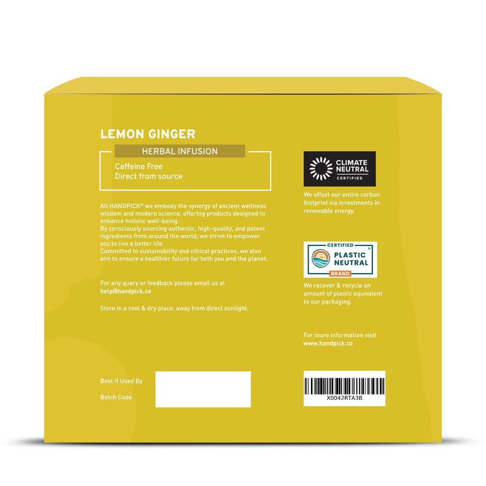 HANDPICK HANDPICK, Lemon Ginger Herbal Tea, Eco-conscious Tea Bags - 100 Pyramid Tea Bags | 100% Natural Ingredients, Hand-made Blend of Lemon & Ginger | Caffeine Free, Gluten Free | No Artificial Ingredients