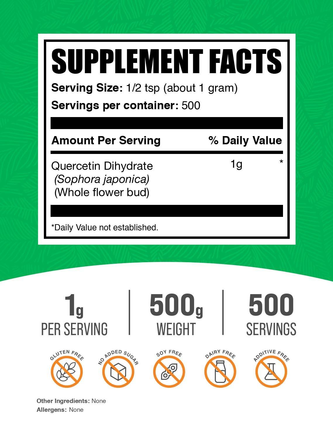 BULKSUPPLEMENTS.COM BulkSupplements.com Quercetin Dihydrate Powder - Quercetin Supplements, Quercetin 1000mg - Antioxidants Source, Vegan & Gluten Free, 1000mg per Serving, 500g (1.1 lbs) (Pack of 1)