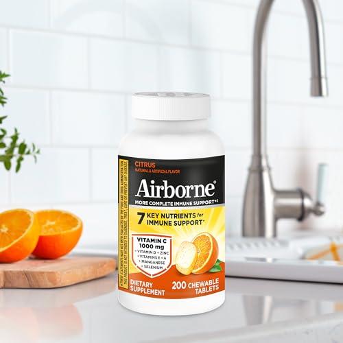 Airborne Airborne 1000mg Chewable Tablets with Zinc, Immune Support Supplement with Powerful Antioxidants Vitamins A C & E - 200 Tablets, Citrus Flavor