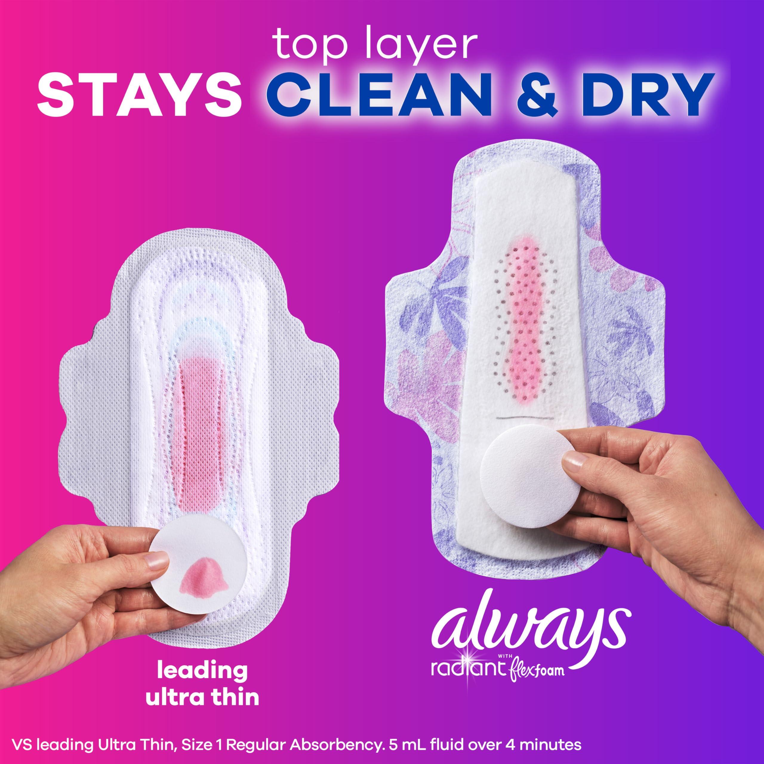 Always Always Radiant Feminine Pads for Women, Size 1 Regular, with Wings, Scented, 42 CT