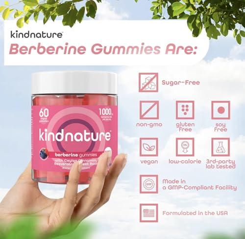 kindnature Kind Nature 1000mg Berberine Gummies - Sugar Free Natural Berberine Supplement Gummies with Ceylon Cinnamon & Beet Root - Non GMO, 3rd Party Tested Berberine Complex