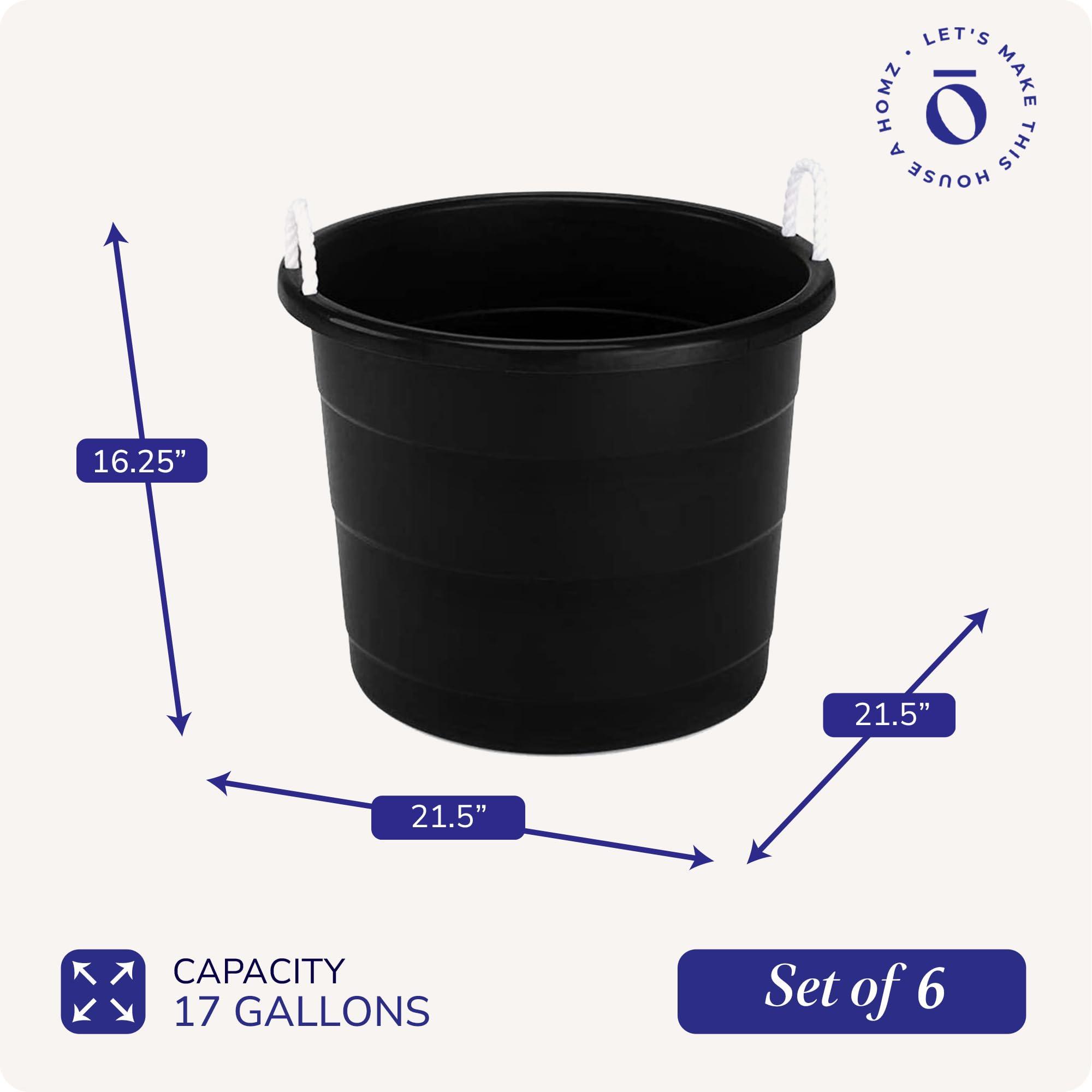 HOMZ HOMZ 6-Pack Utility Tub, Large Plastic Storage Bucket with Rope Handles, 17 Gallon, Black