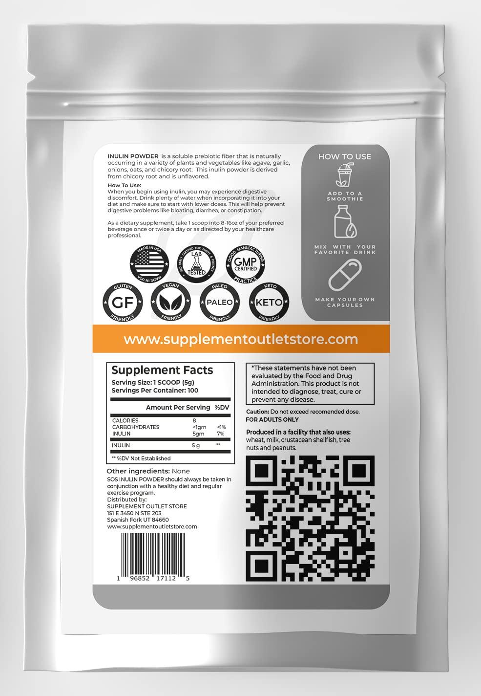 Supplement Outlet Store SOS Inulin Powder - Prebiotic Fiber Supplement - Supports Gut Health and Digestive Regularity - Soluble Powder Fiber Supplement for Women/Men - Gluten Free, Sugar Free, Keto - 100 Servings