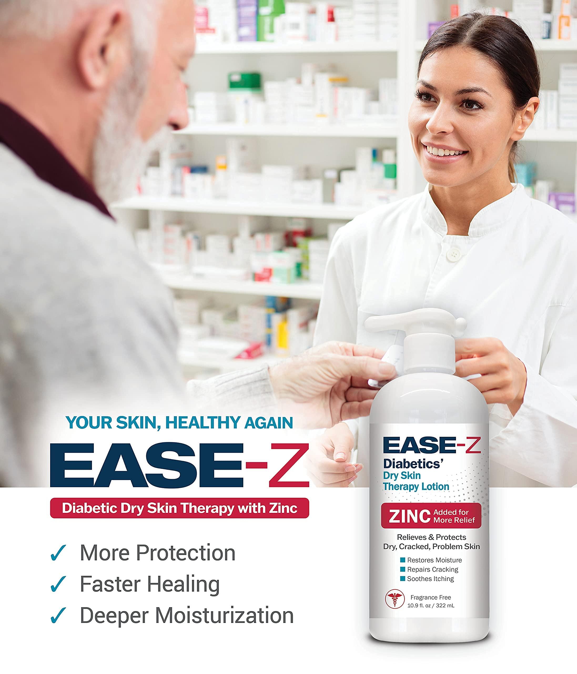 Ease-Z EASE-Z Diabetic Lotion for Dry Skin. Clinically Proven ingredients and ZINC relieve dryness, reduce redness, and calm itching. With Shea Butter. Fast-Acting, Long-Lasting. 10.9 oz