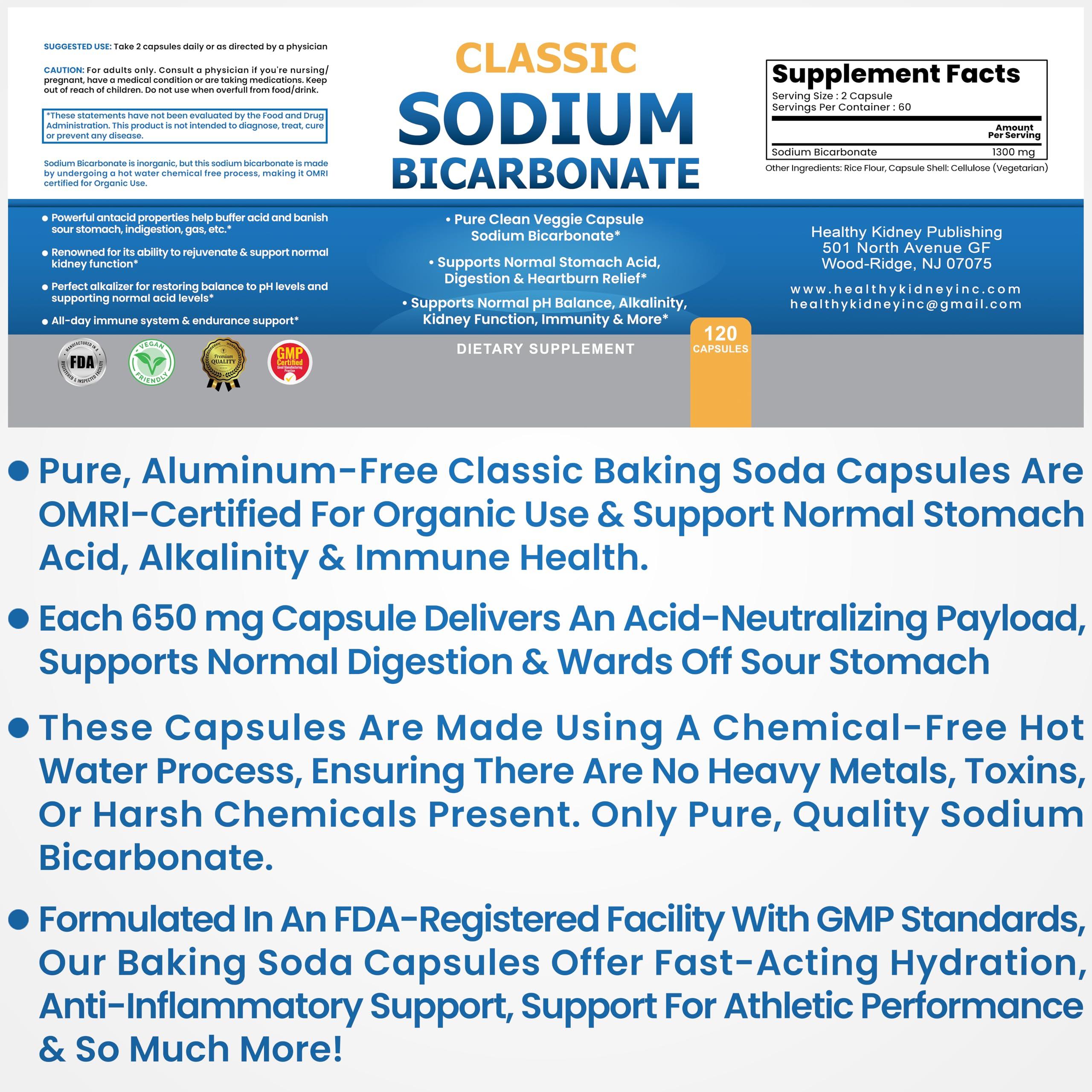 Kidney Restore Classic Sodium Bicarbonate 650mg Natural Organic Use Sodium Bicarbonate Powder Pills Sodium Bicarbonate Tablets (caps) Stomach Acid Alkalinity 120caps