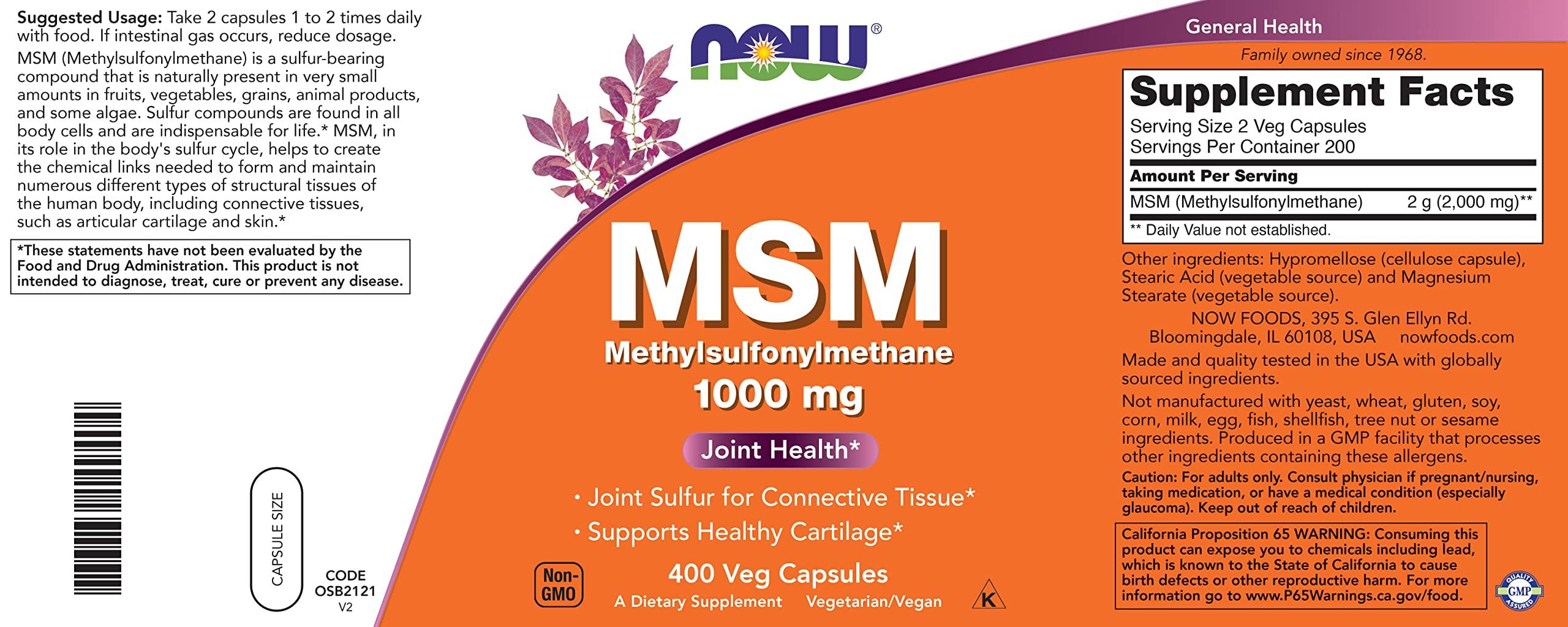 NOW NOW MSM 1000mg, 400 Veg Capsules (Pack of 2) Methyl-Sulphonyl-Methane, Made in USA, Sulfur Supplement, Joint Health, Non-GMO, Vegan/Vegetarian Friendly