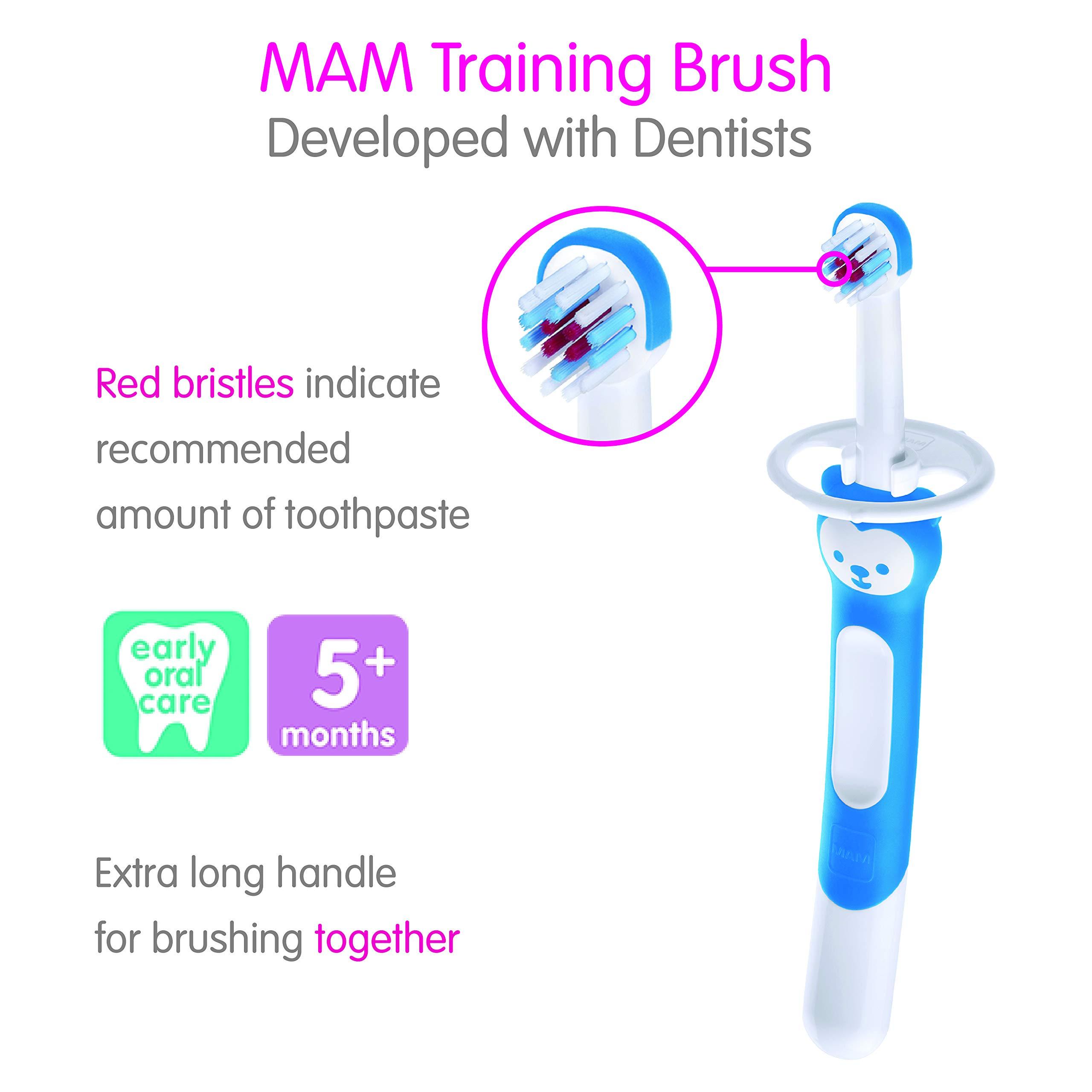 MAM MAM Training Toothbrush for Babies (1 Baby\'s Brush with Safety Shield), Baby Toothbrush with Brushy The Bear Character, Interactive App, for Girls 5+ Months, Pink (Pack of 2)