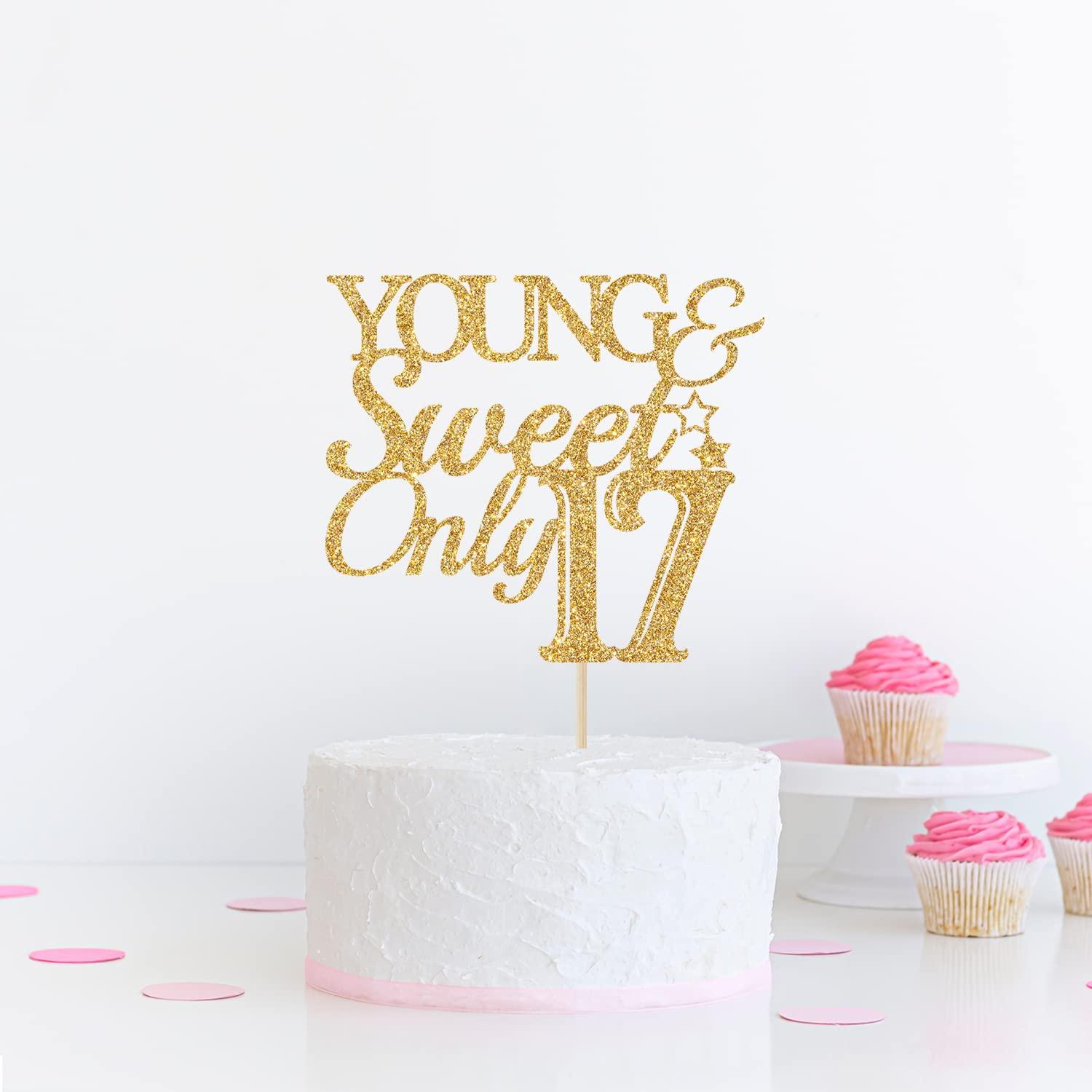 Calarjeta Young & Sweet Only 17 Cake Topper - Happy 17th Birthday Cake Topper - Hello 17, 17th Birthday/Anniversary Party Decorations Gold Glitter