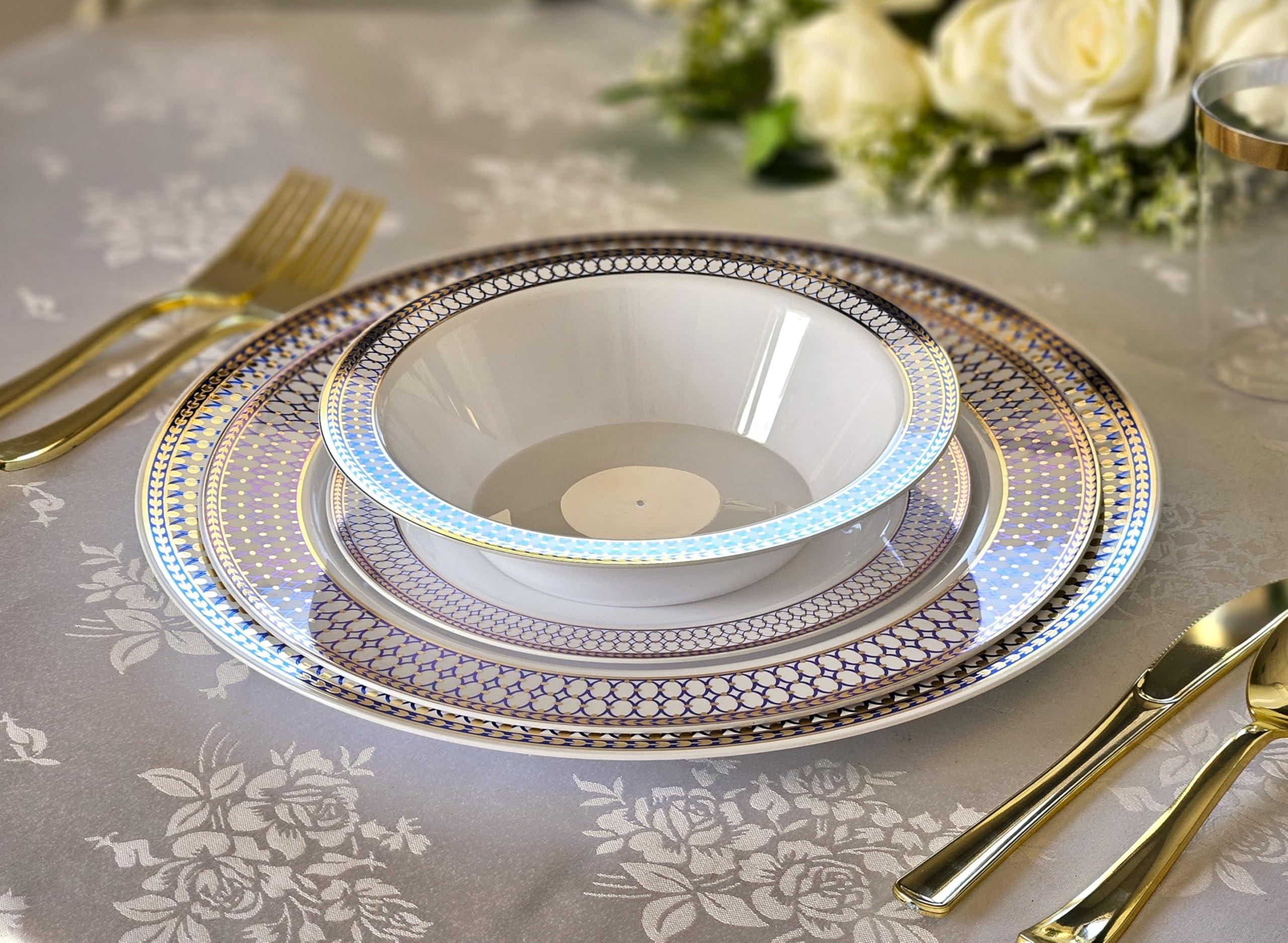 OCCASIONS FINEST PLASTIC TABLEWARE " OCCASIONS " 60 Plates Pack, Heavyweight Disposable Wedding Party Plastic Plates (7.5'' Appetizer/Dessert Plate, Odyssey in White/Blue & Gold)
