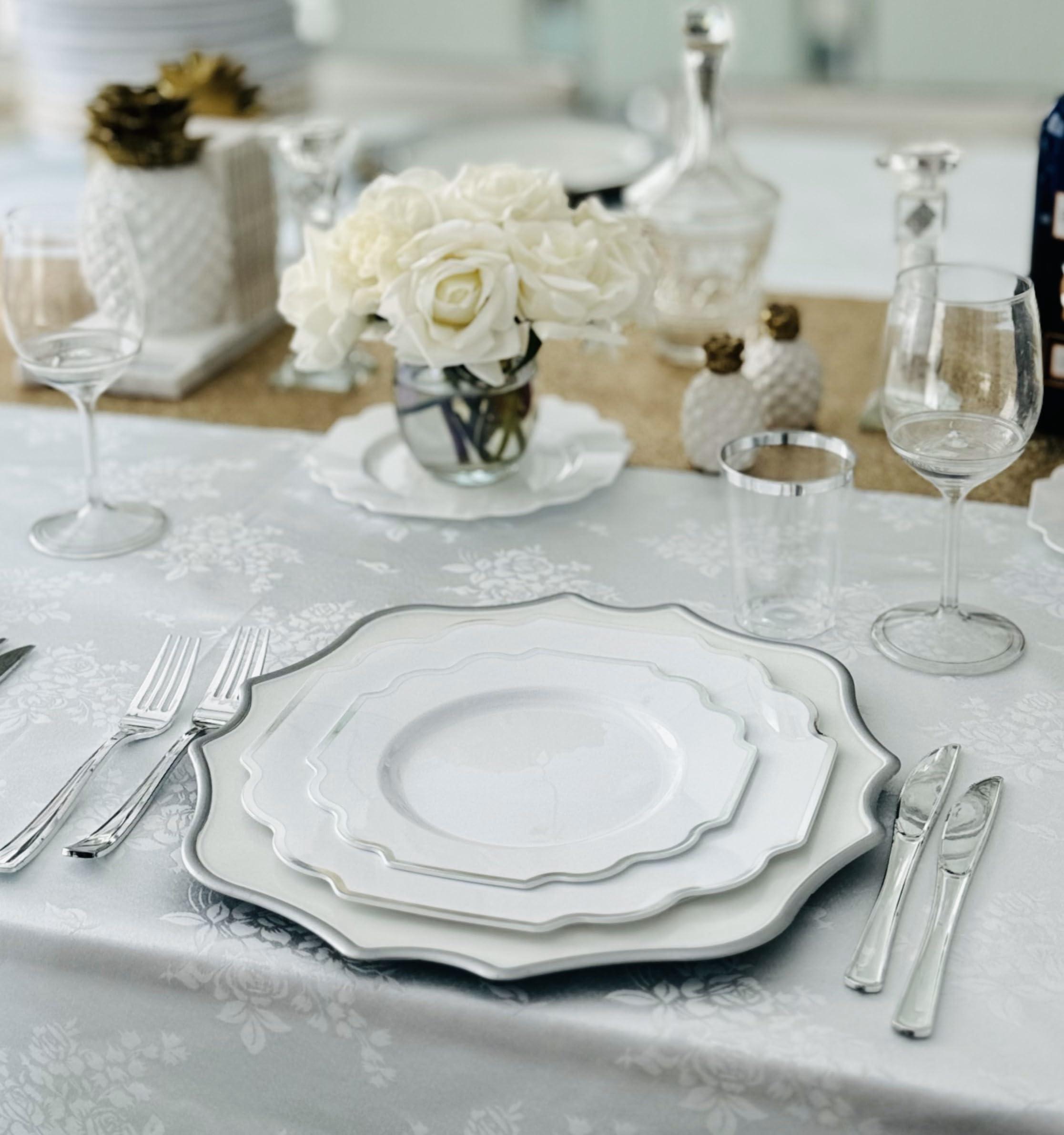 OCCASIONS FINEST PLASTIC TABLEWARE \" OCCASIONS \" 50 Plates Pack (25 Guests)-Heavyweight Wedding Party Disposable Plastic Plate Set -(25x10.5\'\' Dinner + 25x8\'\' Salad/Dessert) (Imperial in White & Silver Rim)