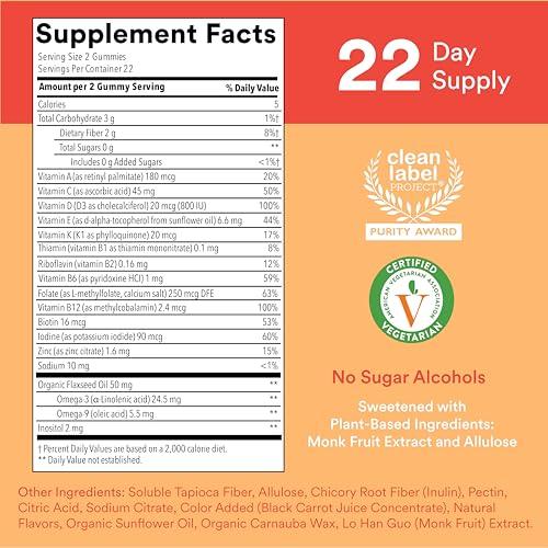 SmartyPants SmartyPants Kids Multivitamin Gummies, Sugar Free: Omega 3 (ALA), Vitamin D3, C, Vitamin B12, B6, A, K & Zinc for Immune Support, Biotin, Erythritol Free, Strawberry Banana, 44 Count (22 Day Supply)