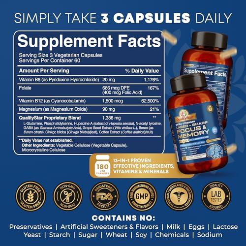 QualityStar QualityStar Focus and Memory Vitamins, 13-in1 Multi-Benefit Blend for Cognitive and Brain Health, Memory Supplement for Brain, 180 Vegetarian Capsules - 60 Day Supply
