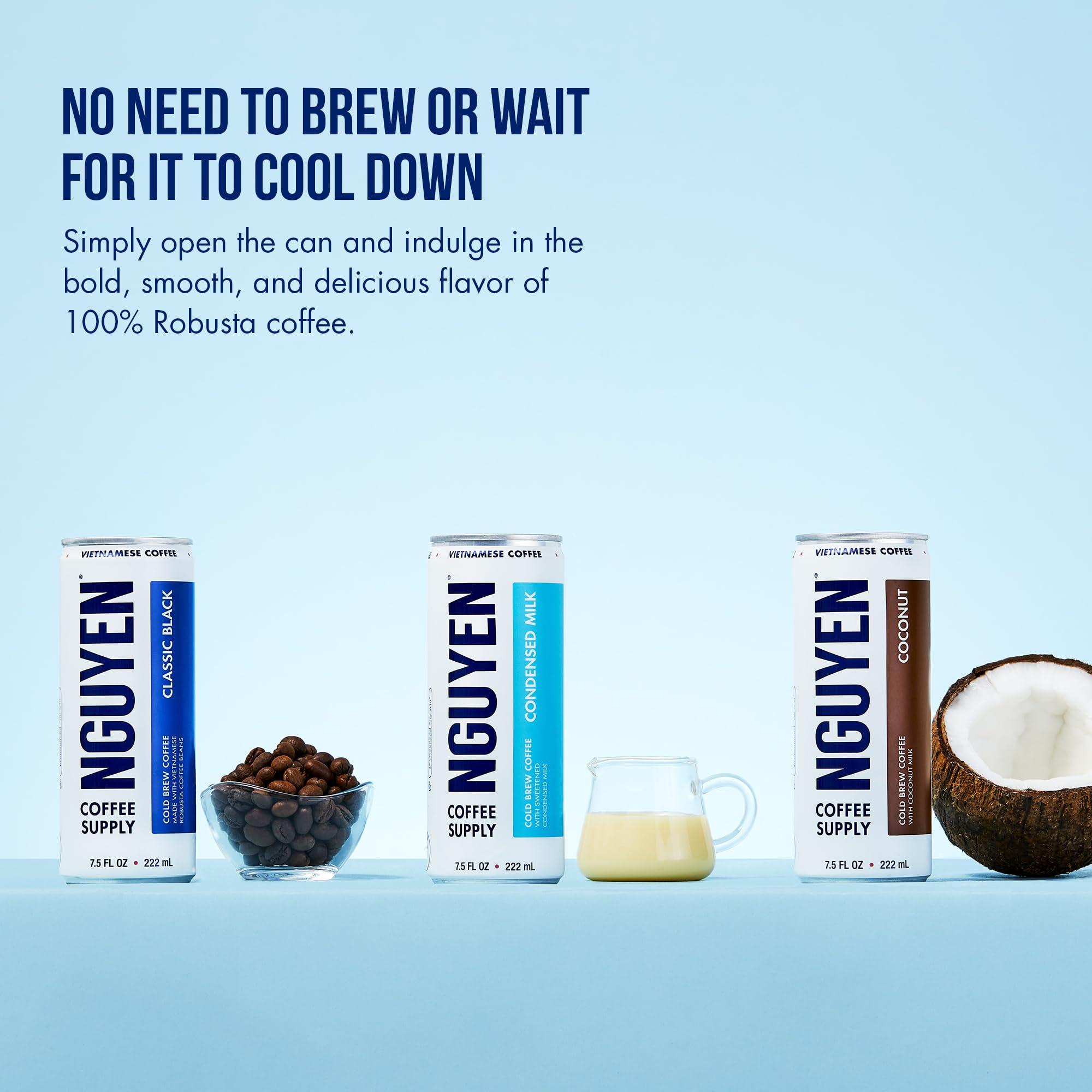 NGUYEN COFFEE SUPPLY Nguyen Coffee Supply - Coconut: Vietnamese Cold Brew Coffee, 100% Robusta, Low Sugar, Dairy-Free, 7.5 fl oz cans [12 Pack]