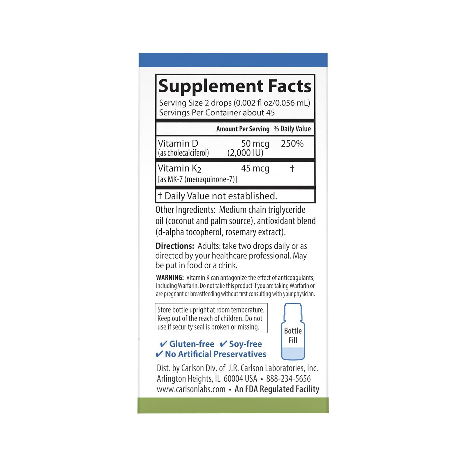 Carlson Carlson - Super Daily D3 + K2, 50 mcg D3 + 45 mcg MK-7, Heart & Bone Health, 90 Liquid Drops, 2.54 ml