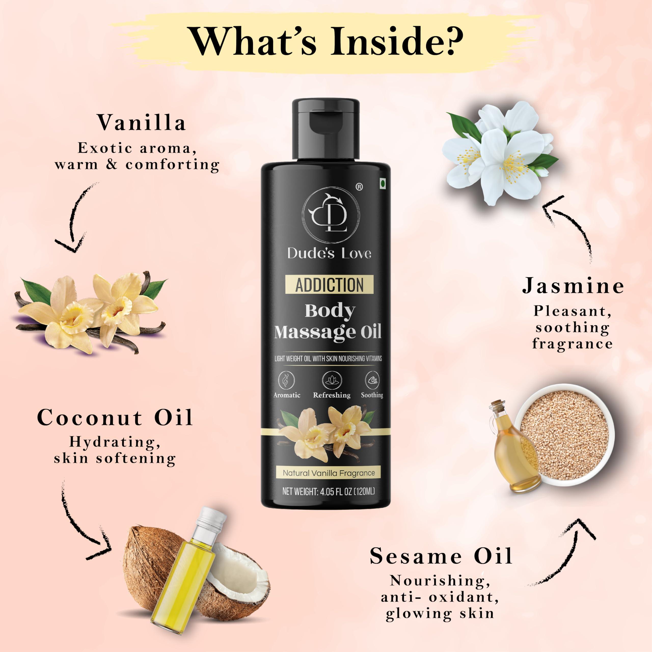 Dude\'s Love Organic - Vanilla Full Body Massage Oil - No Stain & Non-Sticky | with Fractionated Coconut Oil, Vanilla & Jasmin Oil | for Massage Therapy - 4.05 Fl Oz