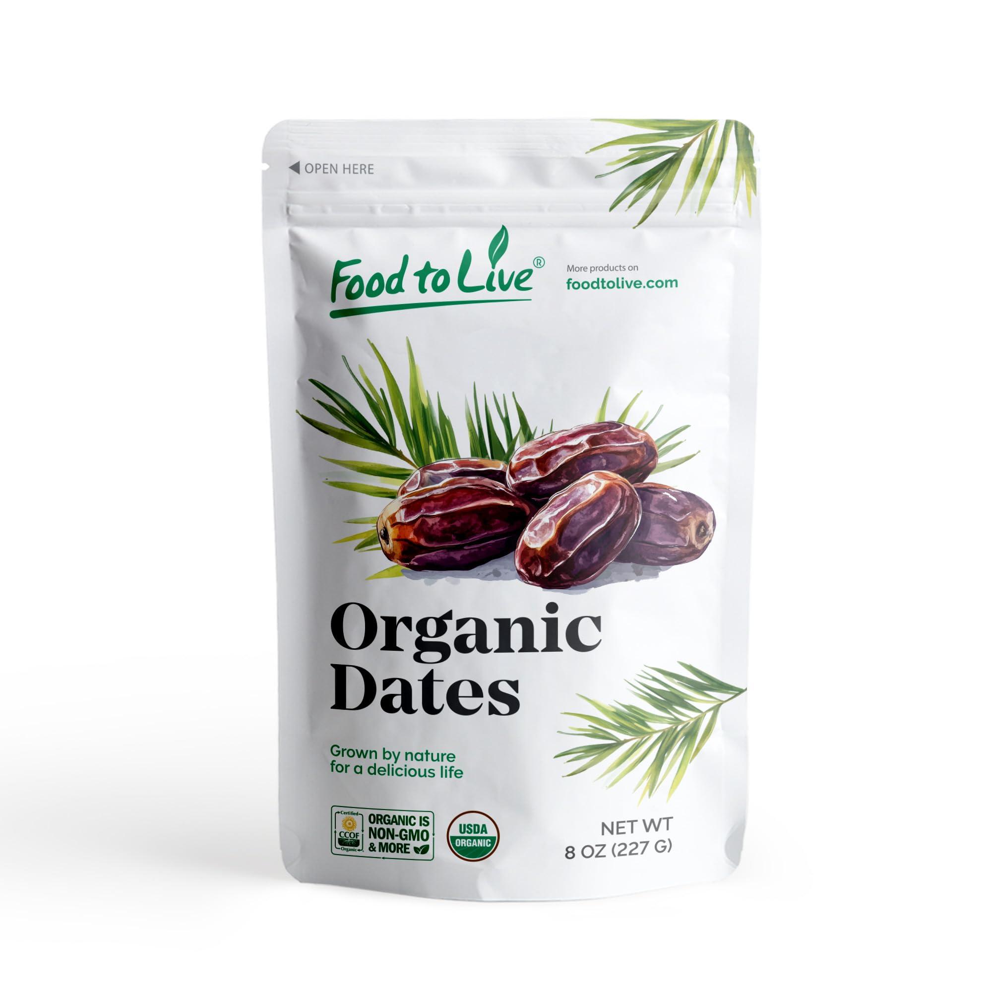 Food to Live Food to Live Organic California Medjool Dates, 8 Ounces Soft & Juicy Nature\'s Candy. Non-GMO Whole Dry Fancy Dates with Pits. Perfect Snack. Unsweetened, Unsulphured. Vegan, Kosher, Fruits in Bulk