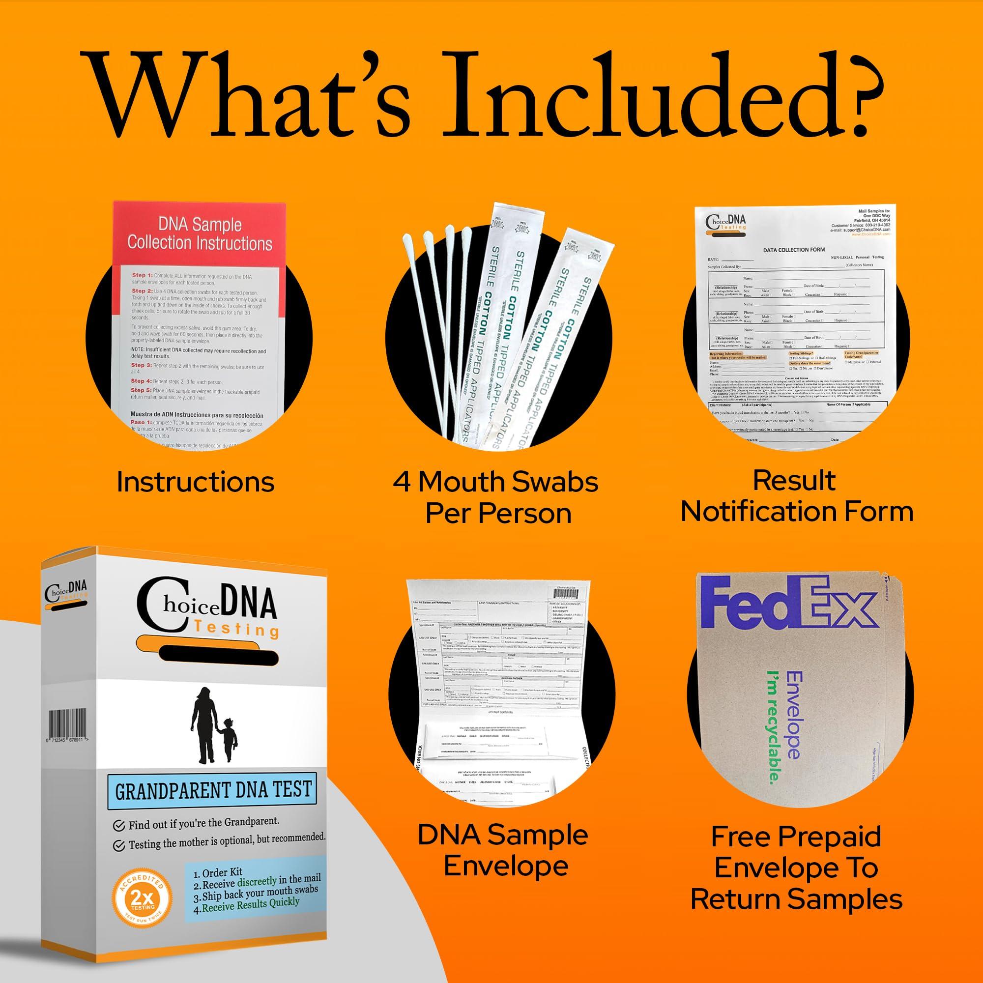CHOICE DNA TESTING Grandparent DNA Home Test Kit - Includes one Grandparent & one Child. (at Home - for Personal Purposes Only) Free Return Shipping to Lab, All Lab Fees Included - Results in 6 Business Days