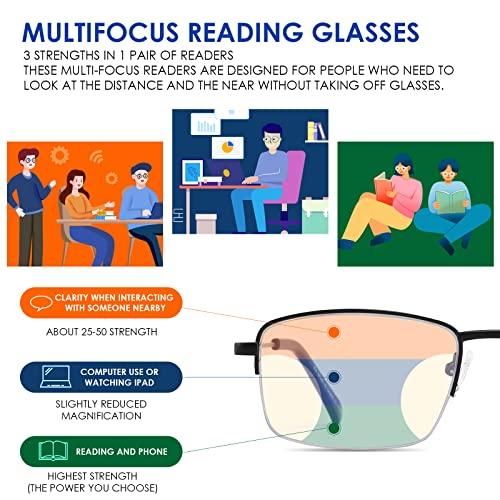 FEIVSN FEIVSN Progressive Multifocus Reading Glasses Blue Light Blocking, Multifocal Readers for Men Women Trifocal Lightweight Eyewear Half Metal Frame Titanium Alloy (3 Pack: Black+Gun+Silver, 1.50)