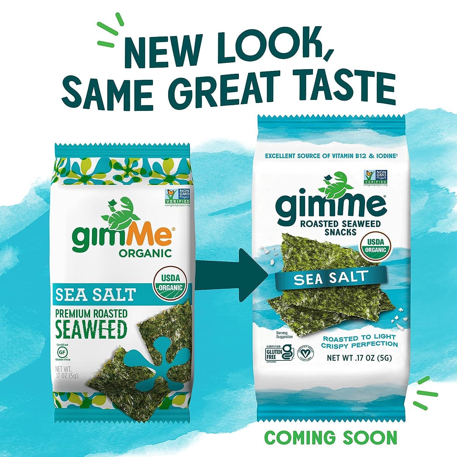 gimMe gimMe - Sea Salt - Organic Roasted Seaweed Sheets - Keto, Vegan, Gluten Free - Great Source of Iodine & Omega 3s - Healthy On-The-Go Snack for Kids Adults 4 Count (Pack of 2)