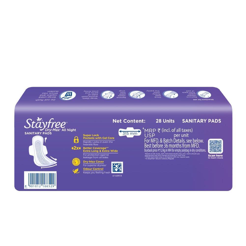 Stayfree Stayfree Dry Max All Night XL Dry Cover Sanitary Pads For Women With Wings, 28 Pads