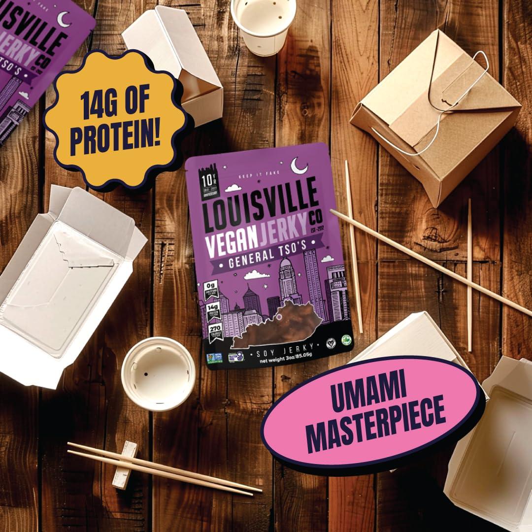 Louisville Vegan Jerky Louisville Vegan Jerky - General Tsos Vegan and Vegetarian Meat - Lip-Smacking Vegan-Friendly & Vegetarian Jerky - Non-GMO, Gluten-Free Low Fat High Protein Vegan Snacks