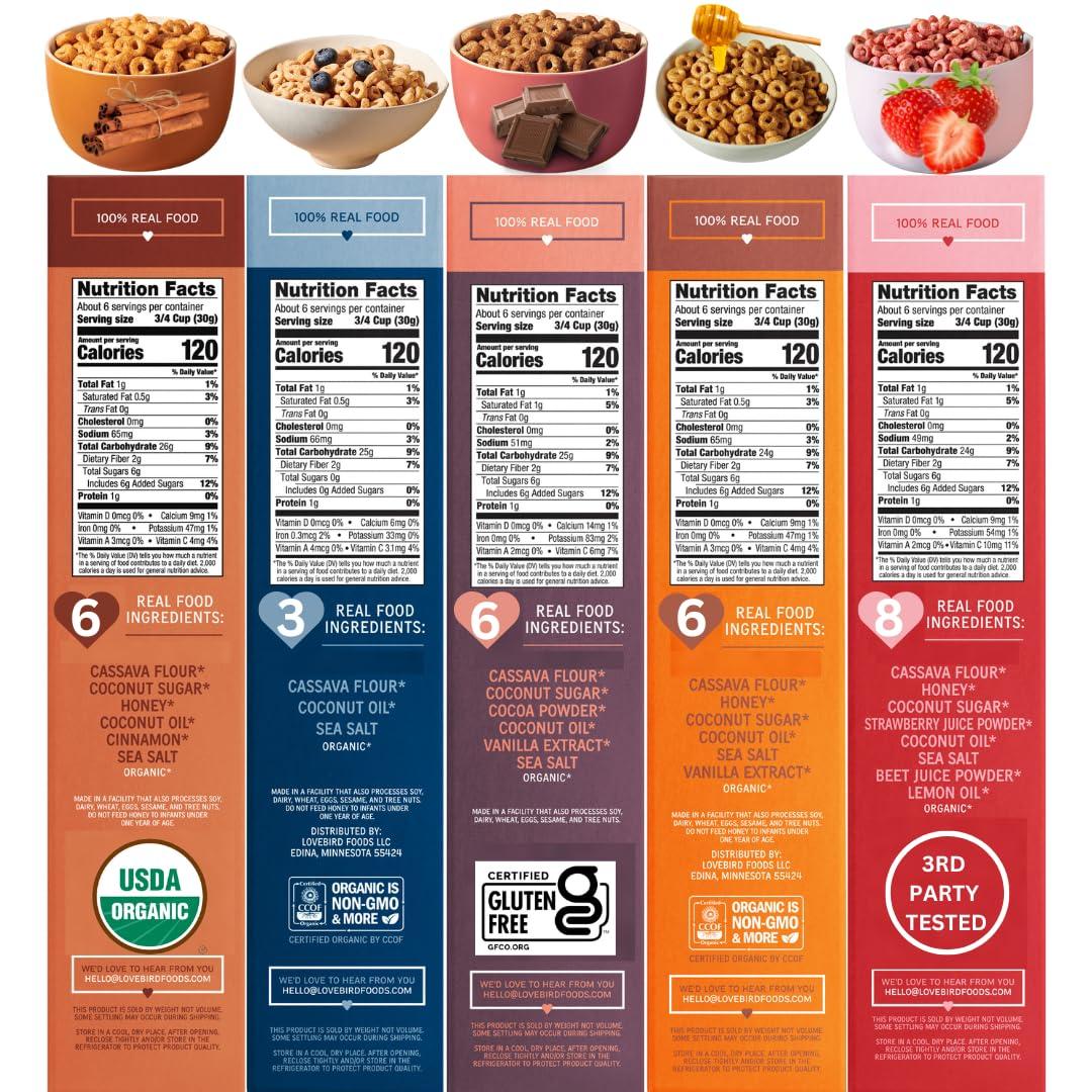 Lovebird Lovebird Gluten & Grain Free Cereal Variety 6 Pack - Organic AIP Food, Paleo Dairy Free, No Refined Sugar Breakfast Cereals | Healthy Snacks for Kids, Adults - Cacao, Honey, Cinnamon, Unsweetened
