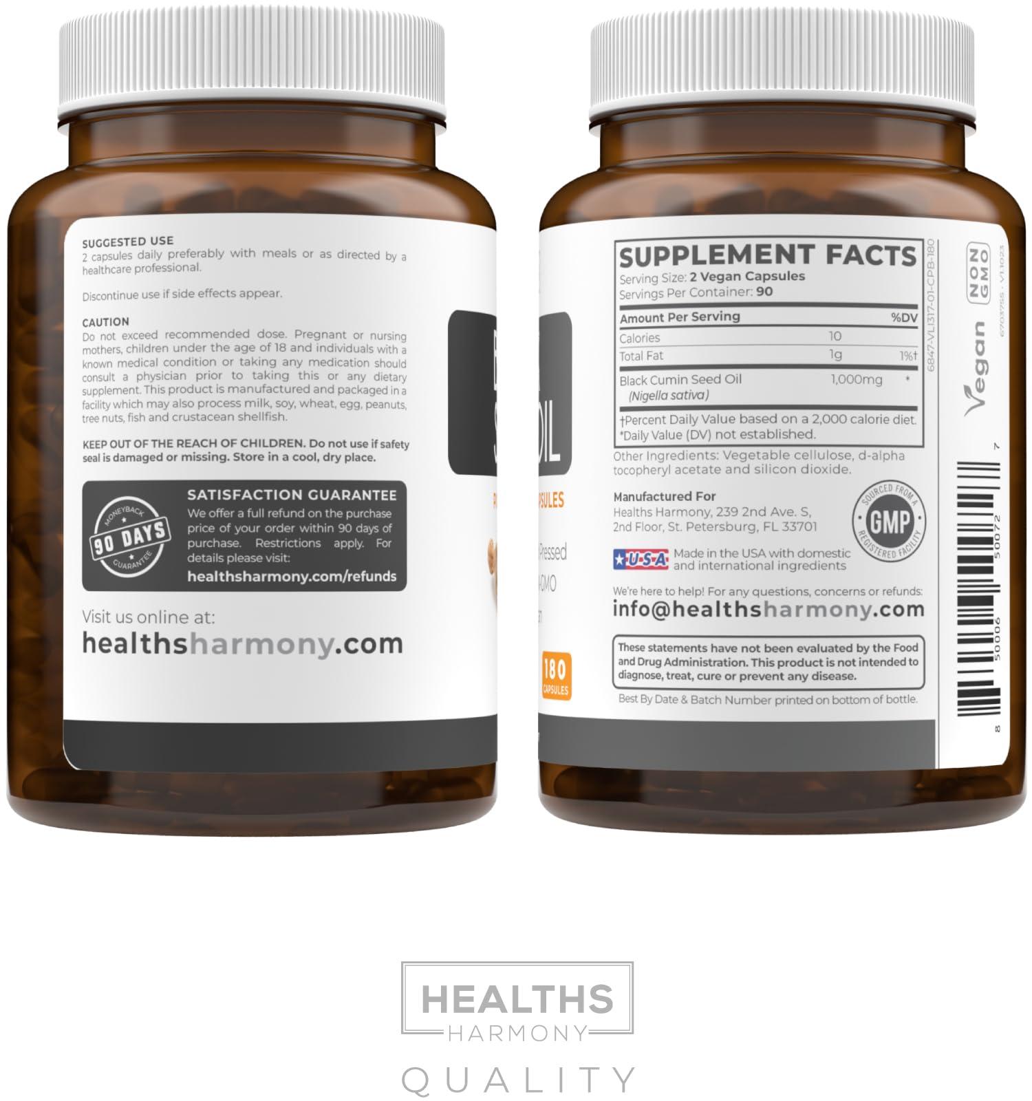 Healths Harmony Black Seed Oil - 180 Softgel Capsules (Non-GMO & Vegan) Premium Cold-Pressed Nigella Sativa Producing Pure Black Cumin Seed Oil with Vitamin E - 500mg Each, 1000mg Per 2 Capsule Serving
