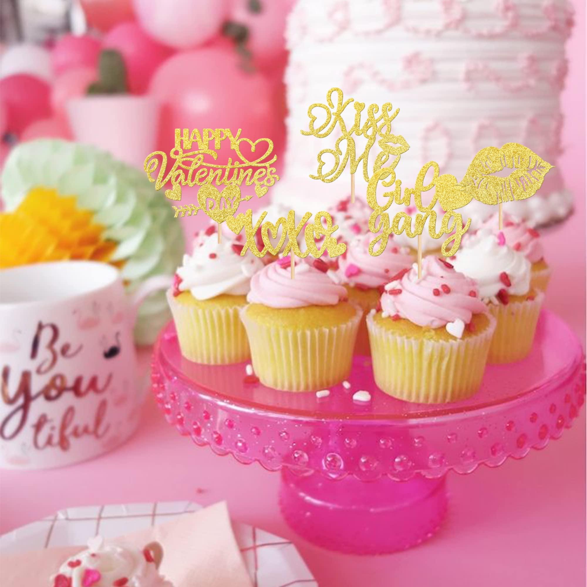 ZHUOWEISM 30 PCS Happy Valentine's Day Cupcake Toppers Glitter Lips Kiss Me Love heart Be Mine Cupcake Picks for Valentine's Day Theme Wedding Bridal Shower Birthday Party Cake Decorations Supplies Gold