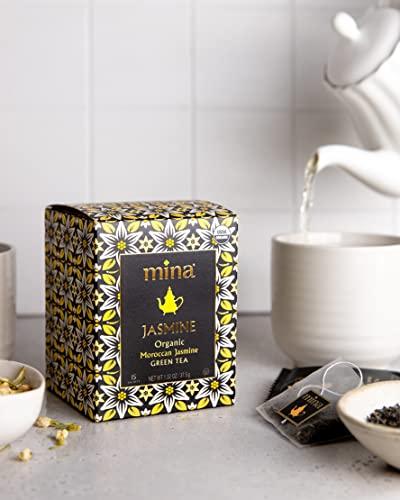 Mina Mina Organic Moroccan Jasmine Green Tea, 15 Biodegradable Sachets, Jasmine Scented Green Tea Bags with Enchanting Floral Essence, Refreshing Aroma, Enjoy Hot or Iced