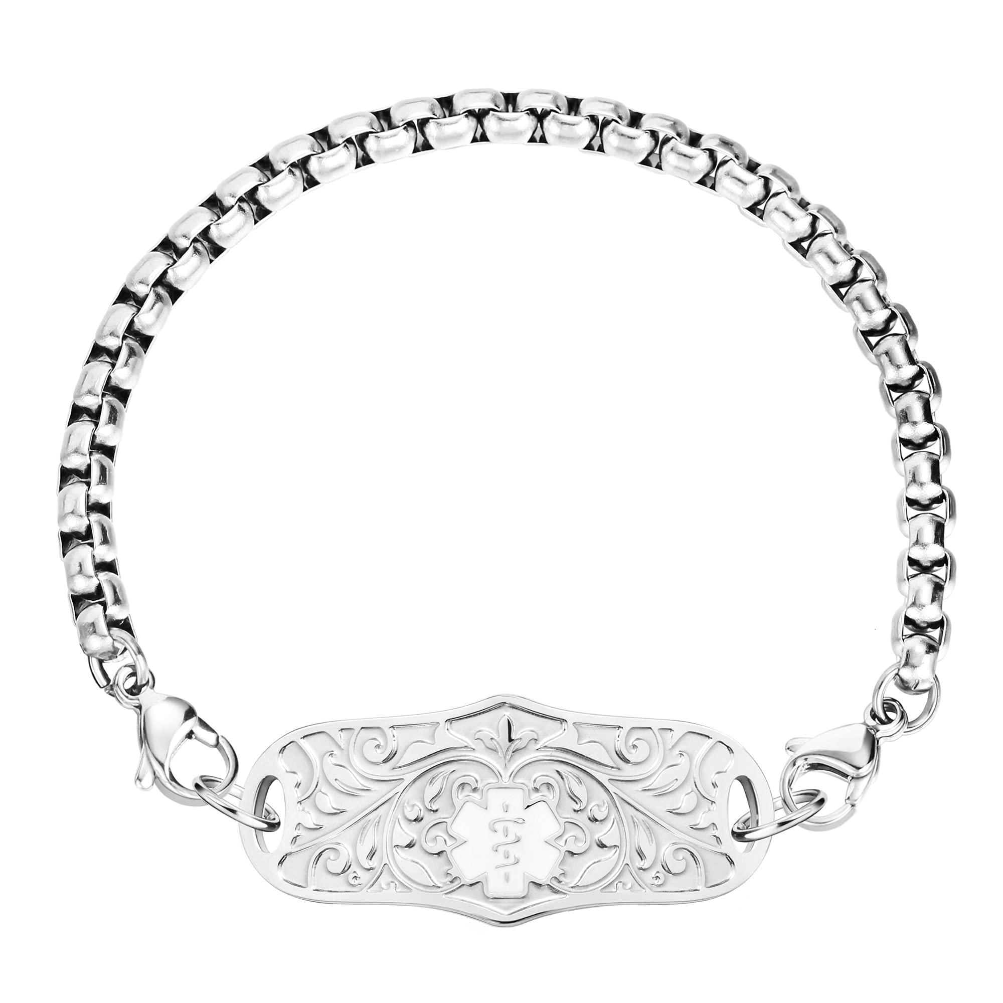 BURISSKY BURISSKY celet Womens Medical Awareness Bracelet Medical ID Allergy Jewelry,6.0 to 9.0 Inches (7.5, Silver Color with White Symbol)(8.5, Silver Color with White Symbol)