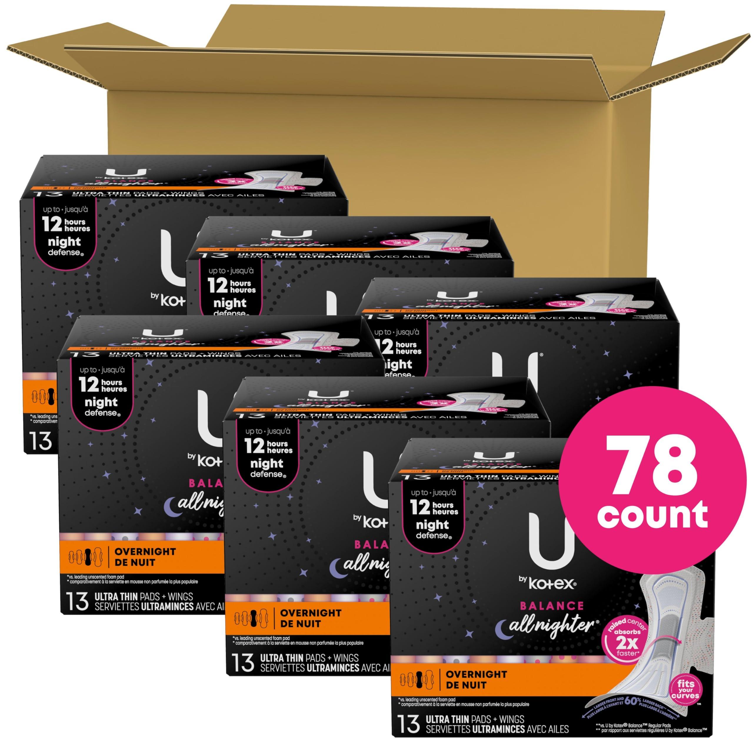 U by Kotex U by Kotex Balance Ultra Thin Overnight Pads with Wings, 78 Count (6 Packs of 13) (Packaging May Vary)