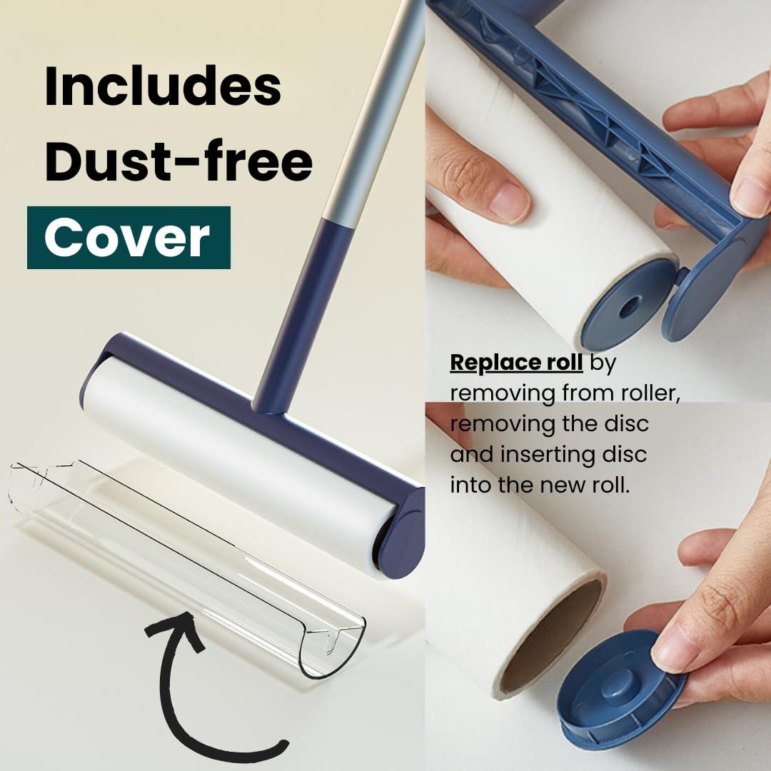 Beyond Thursday Large Lint Roller with Extra Sticky Roller and 420 Sheets 9.5\" Wide, Floor Lint Roller Long Handle, Extendable to 41\", Carpet, Couch, Pet Hair, Clothing Cleaning Supplies (Navy Roller + 7 Refills)