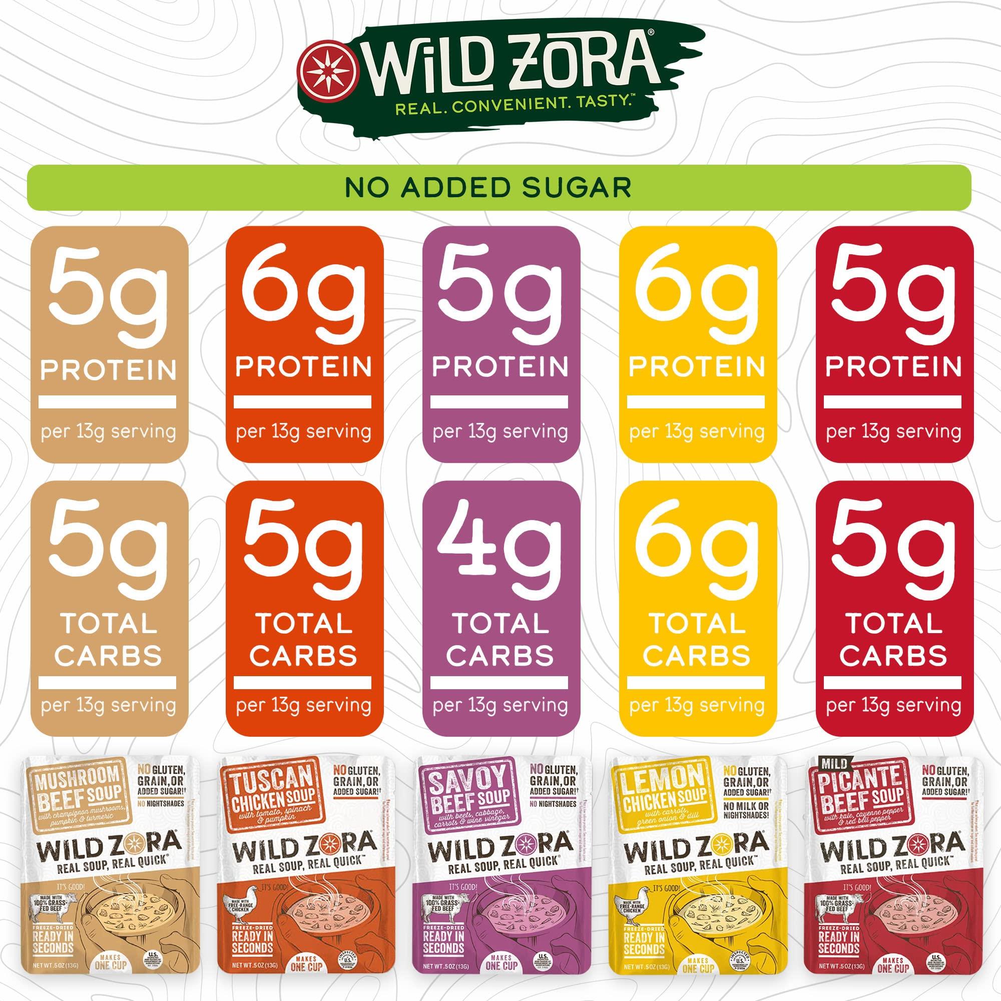 WILD ZORA Wild Zora Instant Keto-Friendly Soups 5-Pack Variety, Broth Made with Grass-Fed Beef, Free-Range Chicken, and Vegetables, Gluten-Free, Low Carb, No Added Sugar, Flavorful Pantry Staples - 0.5oz/13g