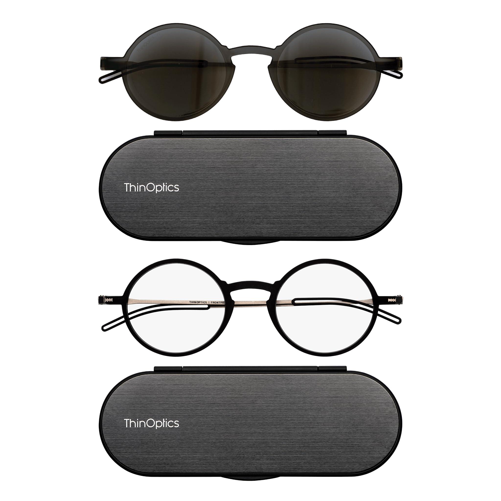 Always With You ThinOptics Bundle - Reading Glasses and Sunglasses with Cases - Ultra Thin, Durable, Lightweight - Round Black 2.5x