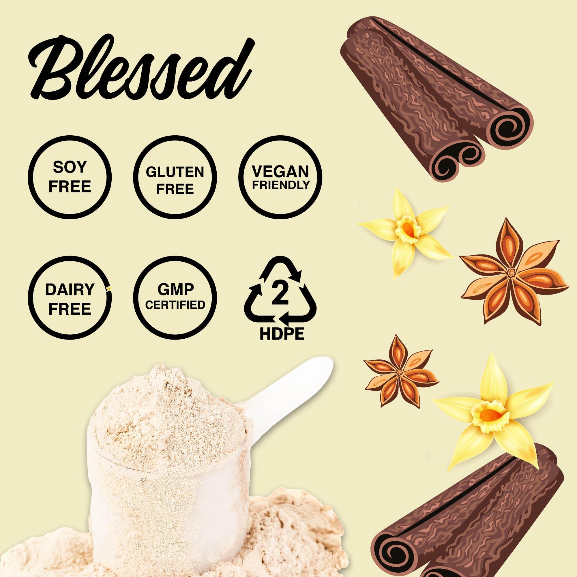 BLESSED BLESSED Vegan Protein Powder - Plant Based Protein Powder Meal Replacement Protein Shake, 23g of Pea Protein Powder, Dairy Free, Gluten Free, Soy Free, No Sugar Added, 30 Servings (Vanilla Chai)