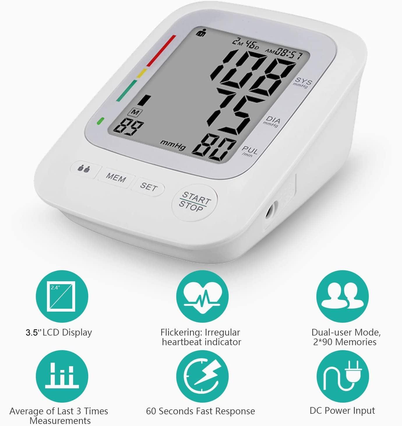 TDMOON Electronic Blood Pressure Monitor, Upper Arm Automatic Digital BP Monitor Large Cuff 8.66-16.5\", 2 Users 180 Memory Large Display, Irregular Heart Rate Indication, with DC Adapter for Home Use