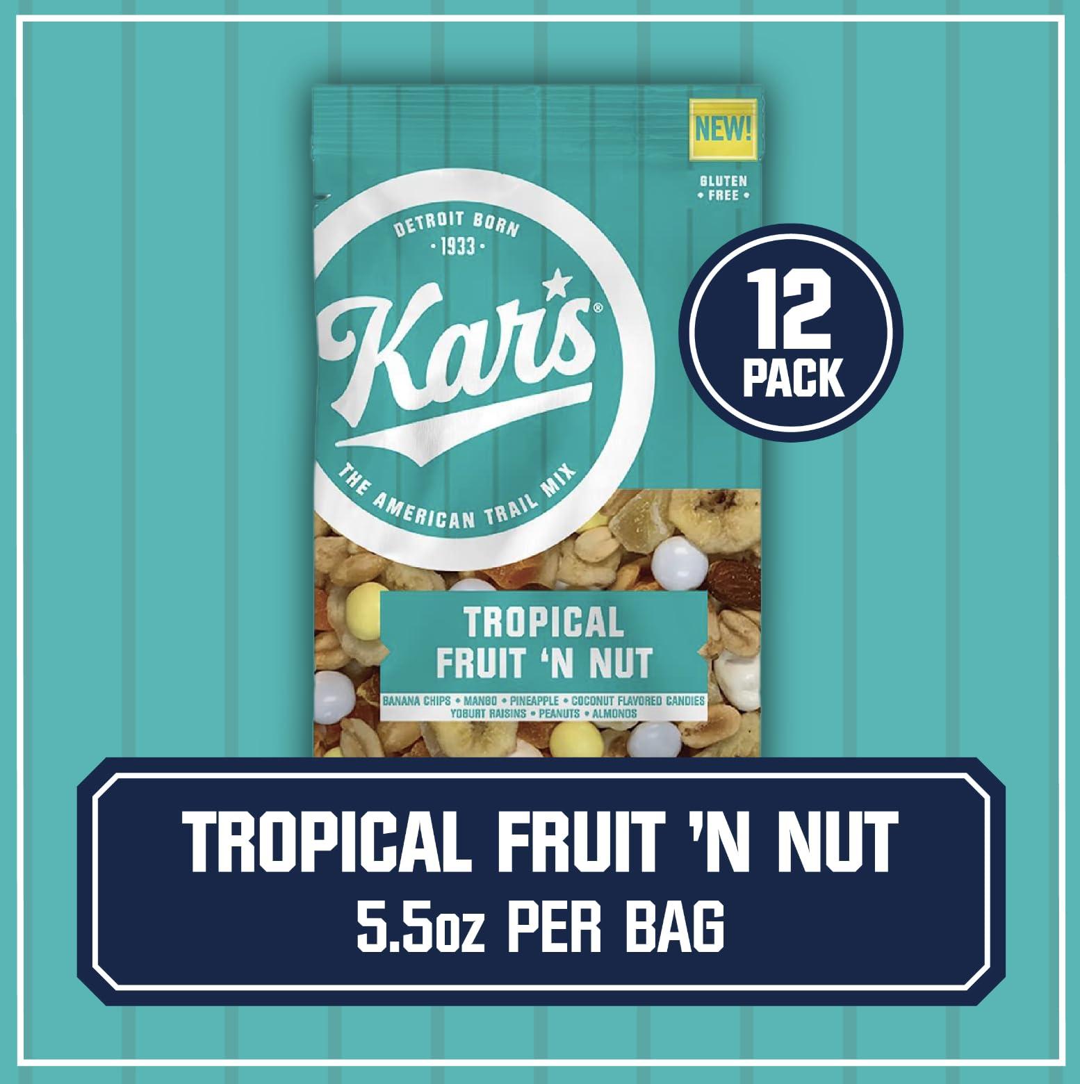 Kar's Kars Nuts Tropical Fruit N Nut Trail Mix, 5.5 oz Snack Mix Bulk Pack of 12, Gluten-Free Snacks