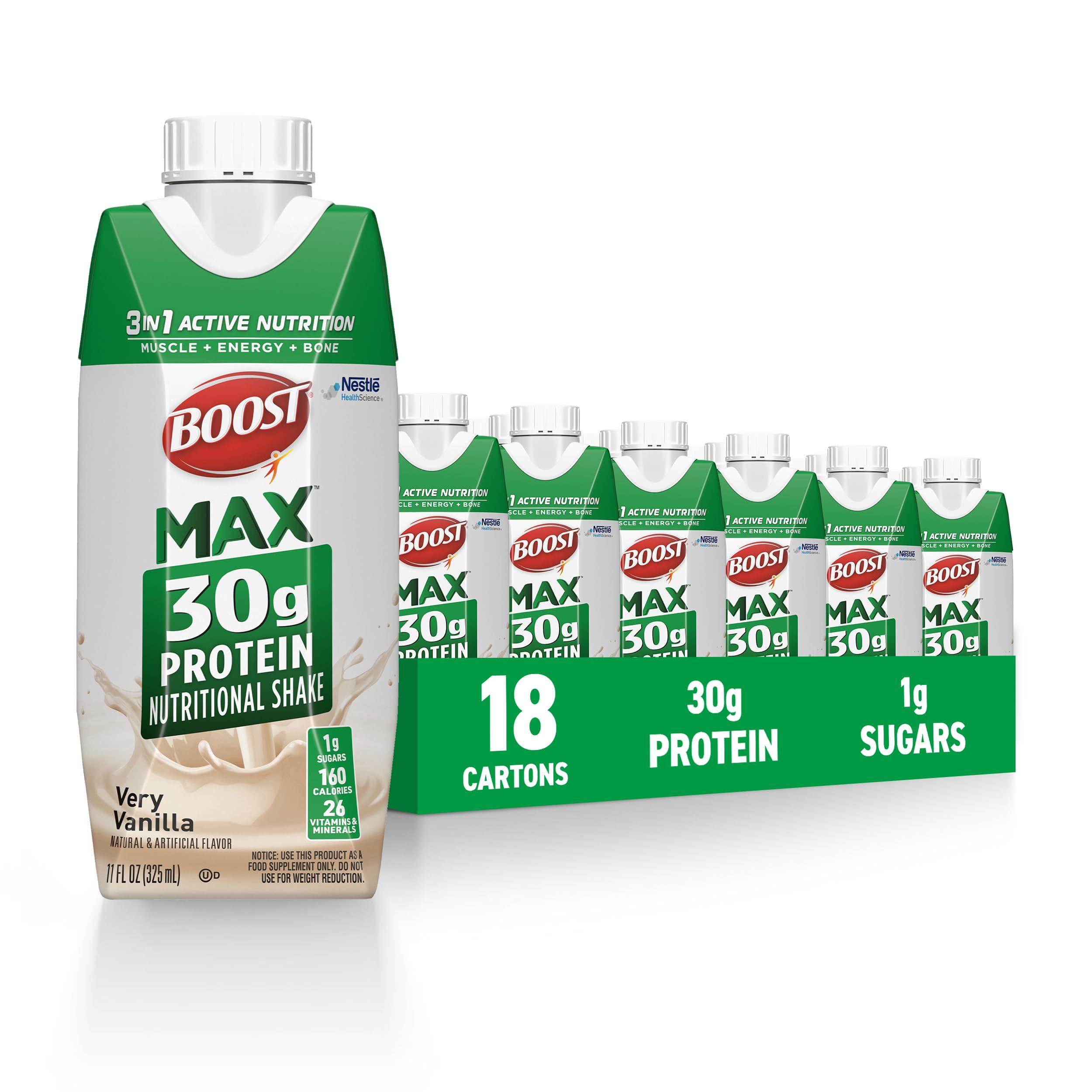 BOOST BOOST MAX Protein Shakes Ready to Drink - 30g High Protein Shake - Vanilla | Nutritional Drinks to Support Muscle Recovery After Exercise, 26 Vitamins & Minerals, 1g Sugar, 11 fl oz (Pack of 18)