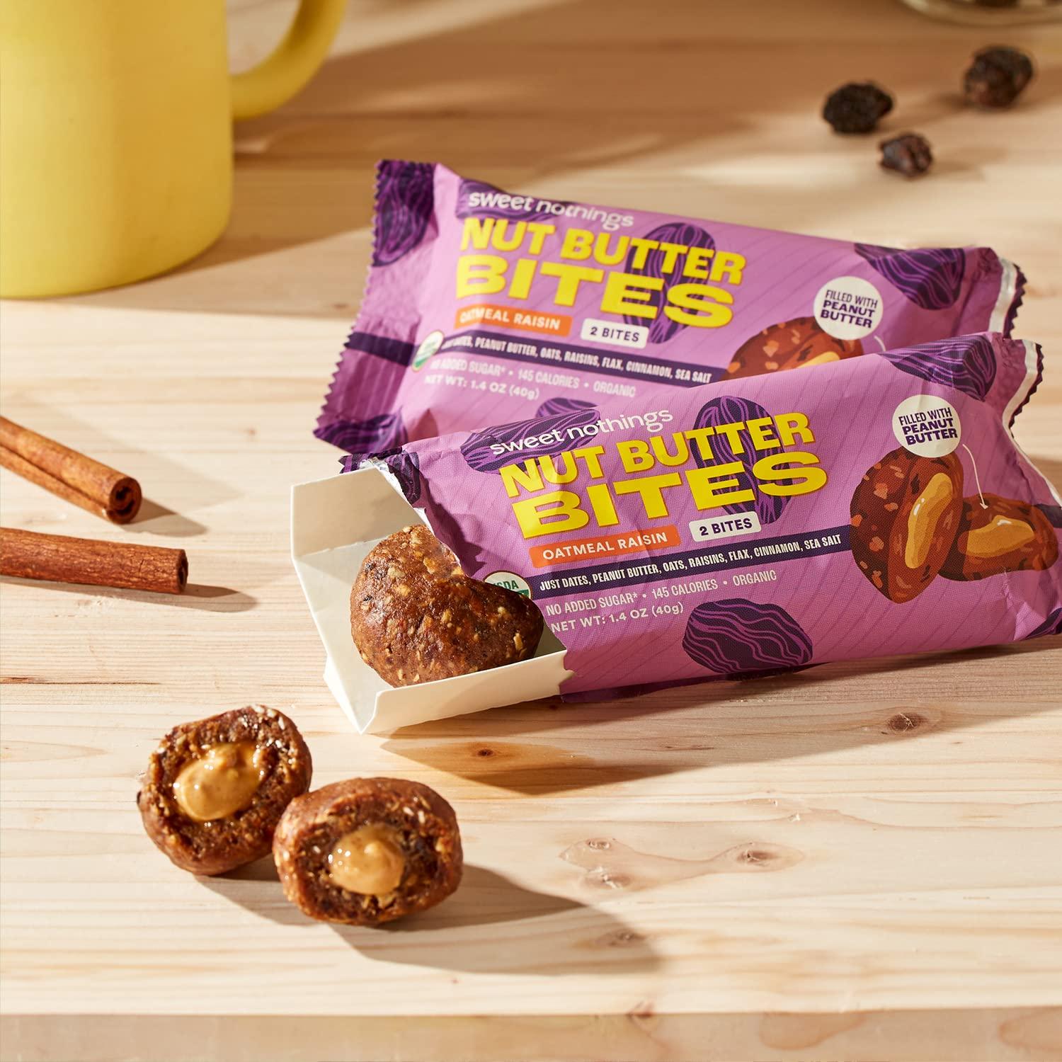 Sweet Nothings Sweet Nothings, Oatmeal Raisin, USDA Organic Nut Butter Bites Protein Bar, Nut & Date Snack, Filled with Peanut Butter, 12-2 Bite Value Packs - No Added Sugar, Plant Based, Vegan, Only 7 Ingredients