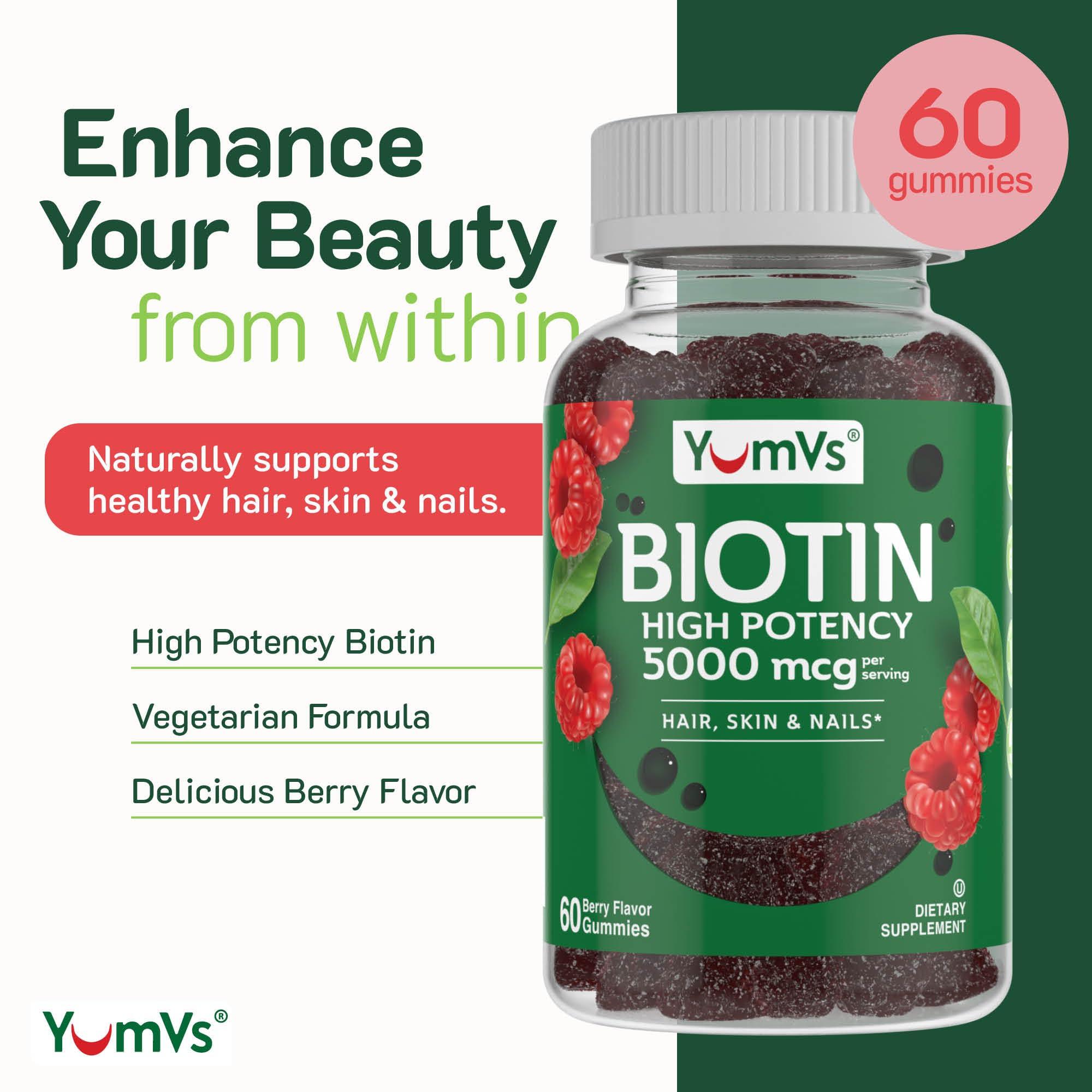 YUM-V'S YumVs Biotin Gummies 5000mcg - Luscious Raspberry Flavor - Thicker Faster Hair Growth Gummies for Women or Men - Hair, Skin & Nails Vitamins - Hair Gummies - Vegetarian Biotin Supplement (60 Ct., 2pk)