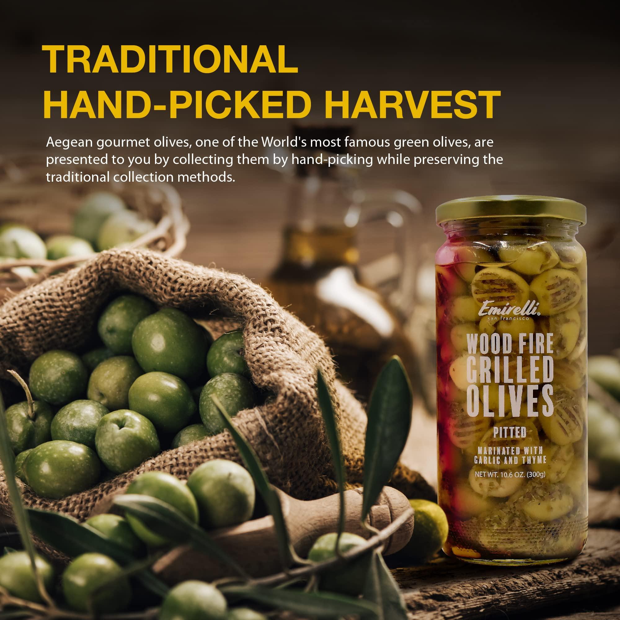 Emirelli San Francisco Emirelli Grilled and Pitted Green Olive – Delicious Premium Hand-Picked Turkish Olives Filled Marinated in Fresh Spices, Preserved (Grilled Olives, 6 Pack)