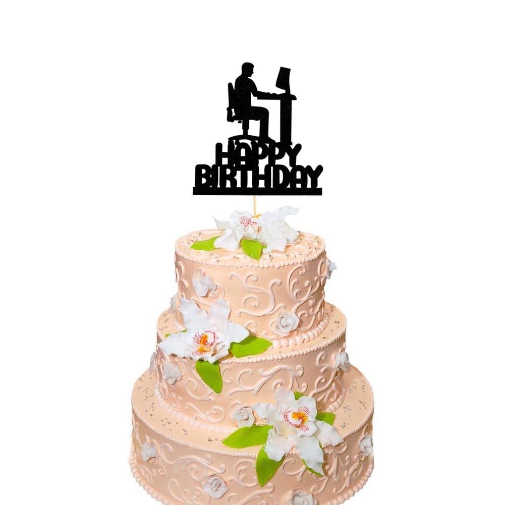 QXQXBA Programming Theme Happy Birthday Cake Topper, Programmer Cake Decor, Computer Tech Cake Decorations, IT Birthday Party Supplies, Black Glitter